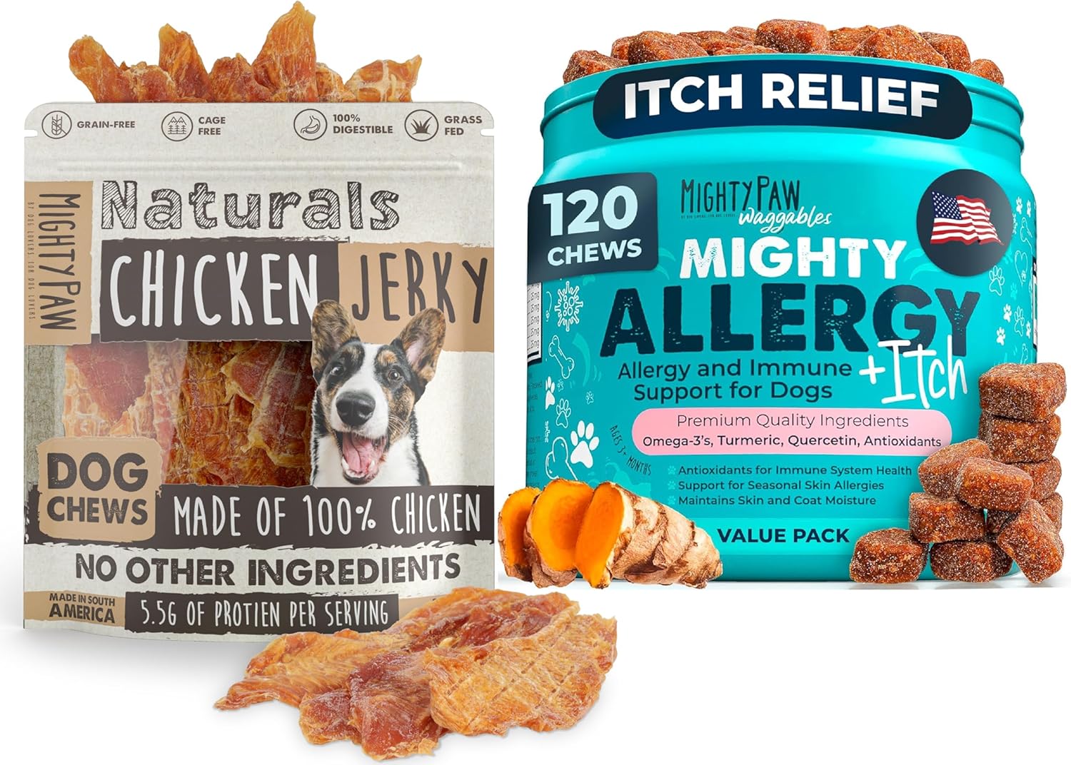 Mighty Paw Naturals Chicken Jerky for Dogs Waggables Allergy Immune + Itch | All-Natural Treats for Dogs | High Protein Treat for Dogs | Natural Treat for Large Pets, and Puppies