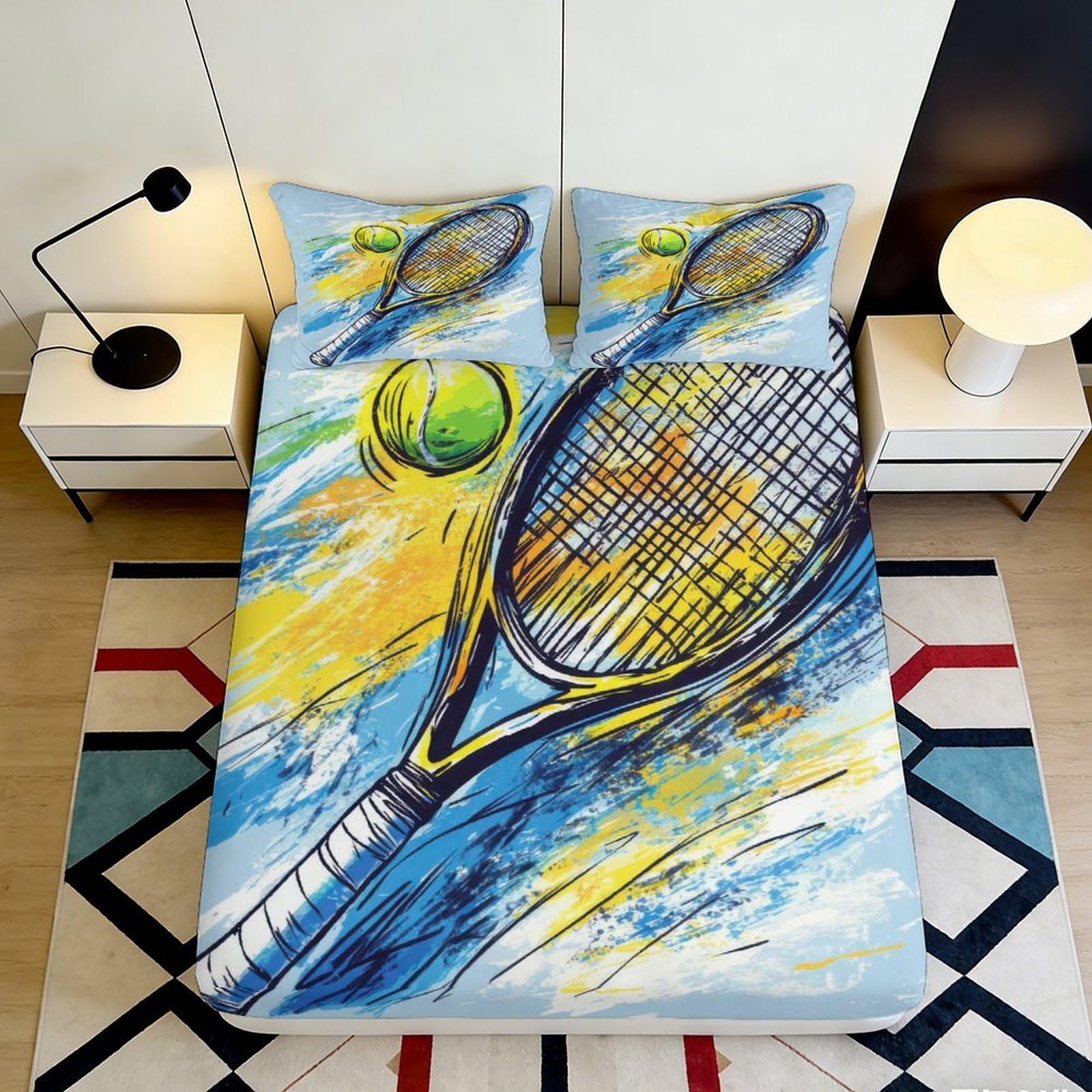 3D Printed Tennis Fitted Sheet Microfiber Deep Pocket Non-Slip Bedroom Bedding Tennis Mattress Fitted Cover Washable for Adults 200x200x25cm