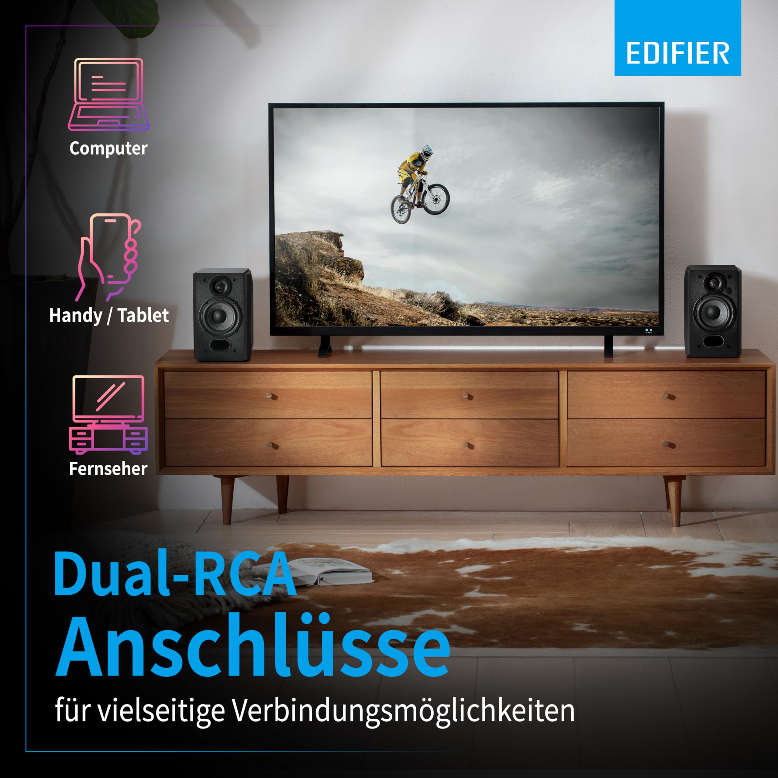 EDIFIER Studio R1380T 2.0 Regallautsprecher-System (42 Watt) im Echtholzgehäuse (MDF). Zwei LINE IN Anschlüsse. Infrarot-Fernbedienung und seitliche Bedienelemente für Bässe, Höhen und Lautstärke.