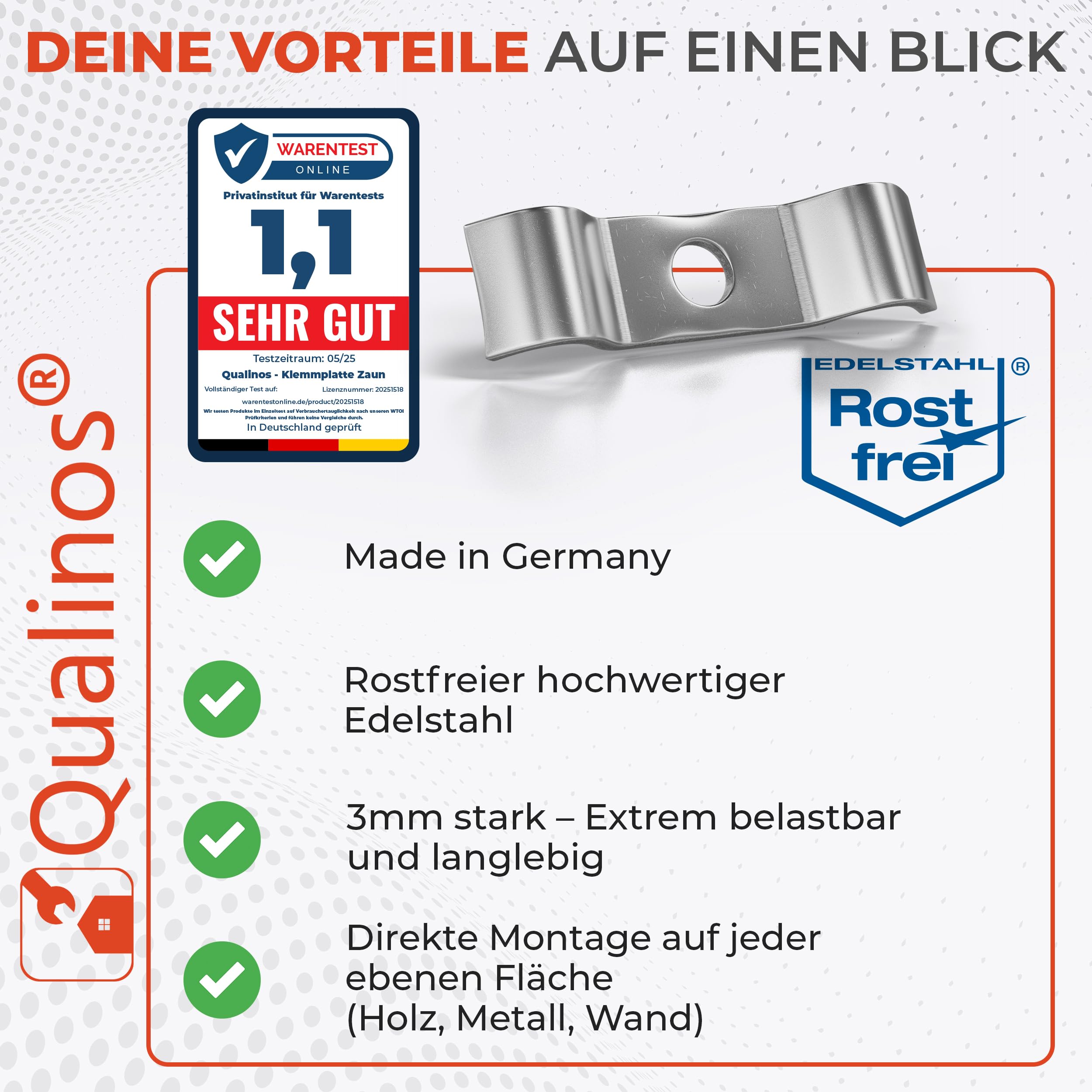 10x Doppelstabmattenzaun Befestigung Zubehör Typ Spannbügel 50mm aus V2A. Zaunhalter Edelstahl zur Zaunbefestigung. Stabmattenzaun Zubehör Zaun Halterung. Made in Germany
