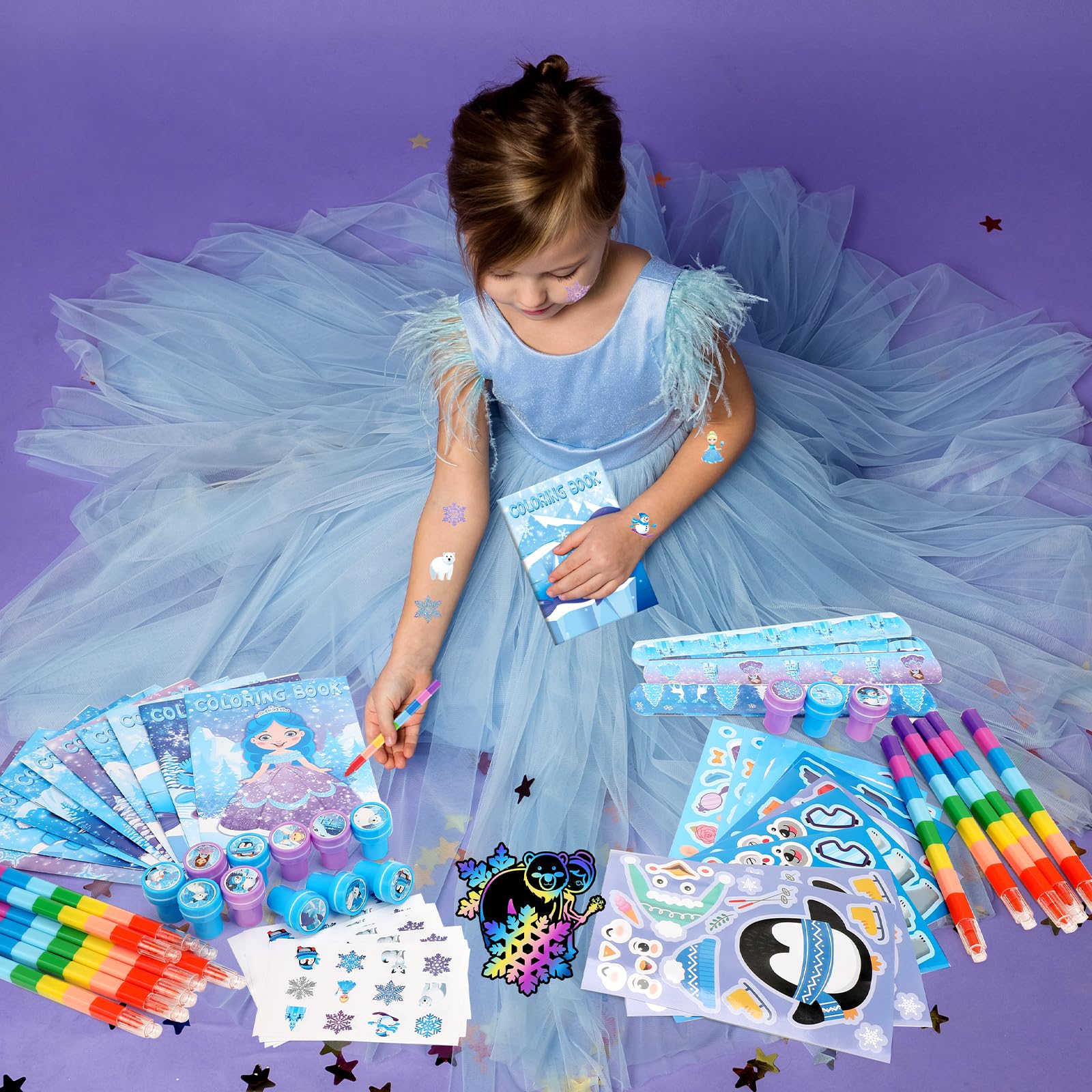 BenLouis 96pcs Frozen Bomboniere Set per Bambini Inverno Fiocco di Neve Libro da Colorare Natale Scuola Aula Regalo Ricompensa Premio Artigianato Bulk per Studenti Congelato Compleanno Goodie Bag