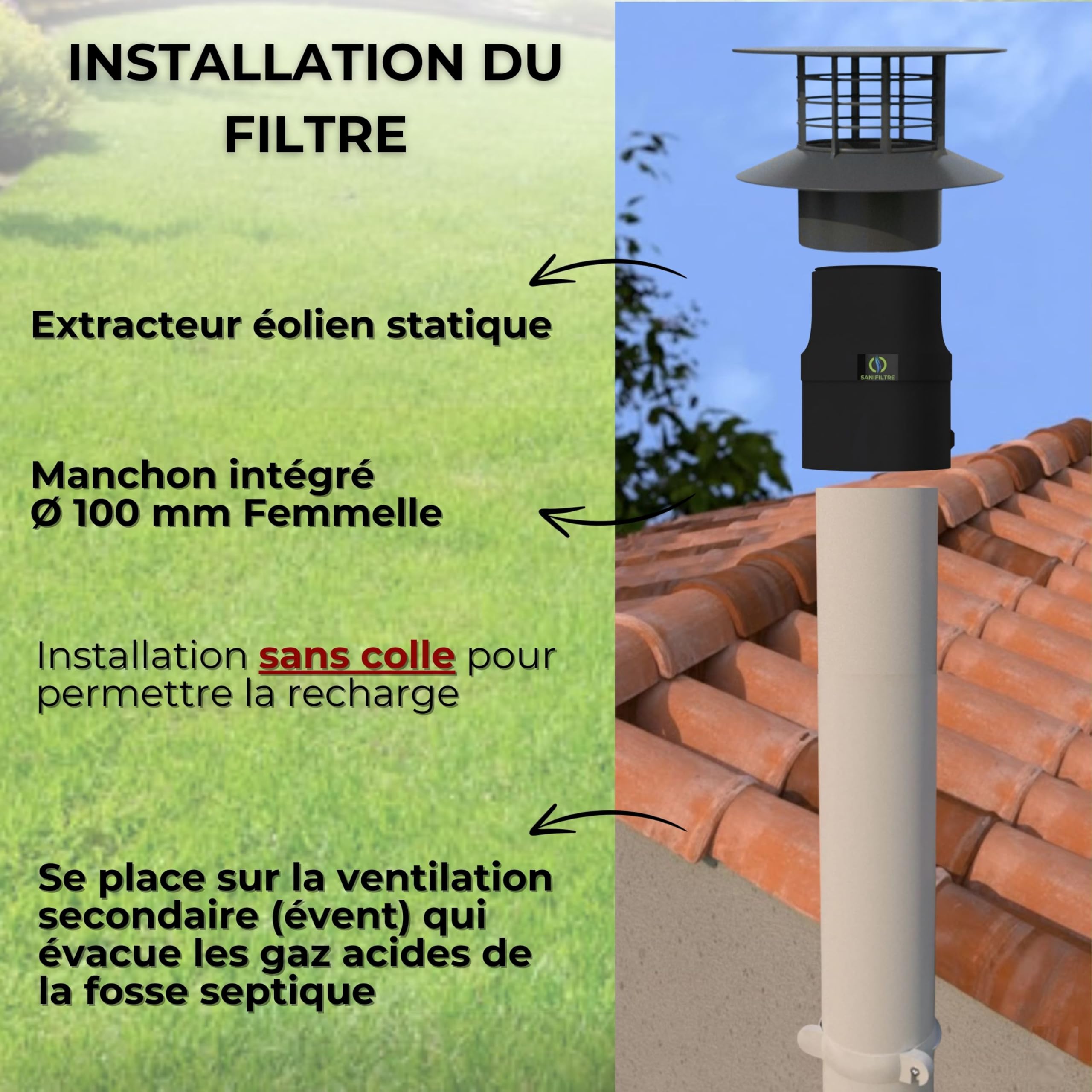Filtre Anti-Odeurs Haute Performance au Charbon Actif Anti-H2S, avec Manchon Intégré 100 mm, Solution Cans Collage, pour Fosse Septique & Toutes Eaux, Rechargeable & Robuste – HYDRODIV