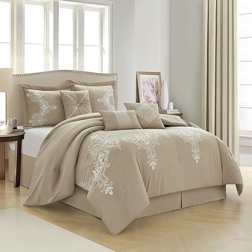 Miniatura 16 de Grand Avenue - Juego de edredón beige y dorado tamaño California King, 9 piezas de ropa de cama jacquard floral para todas las estaciones, Beige