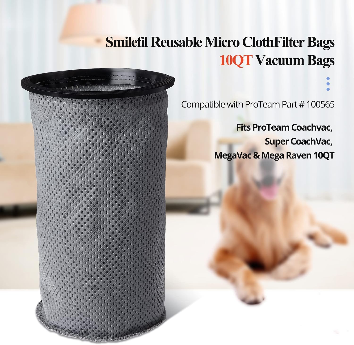 Smilefil Round Reusable Micro Cloth Filter Bags 10QT Vacuum Bags Compatible with ProTeam Part # 100565 - Fits ProTeam Coachvac, Super CoachVac, MegaVac & LineVacer 10QT Vacuums