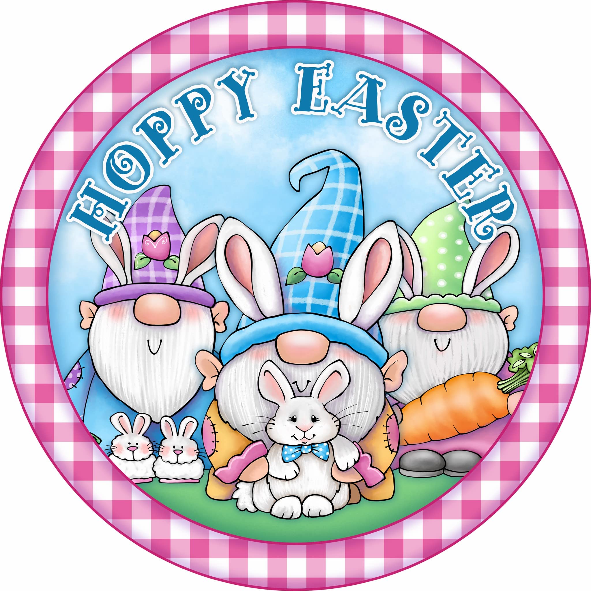 Retro Round Tin Sign 12 X 12 Inches Hoppy Easter Gnomes Easter Bunnies Rabbits Wreath Attachment Funny Wall Decor Nostalgic Arts Decor Waterproof Plate Decoration Novelty Decorative Crafts Home Decor