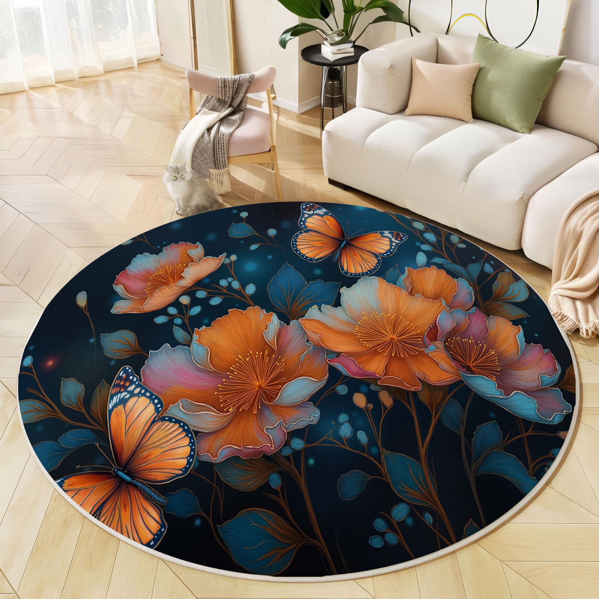 Tapis rond 80 cm doux confortable bleu pour cuisine et salon