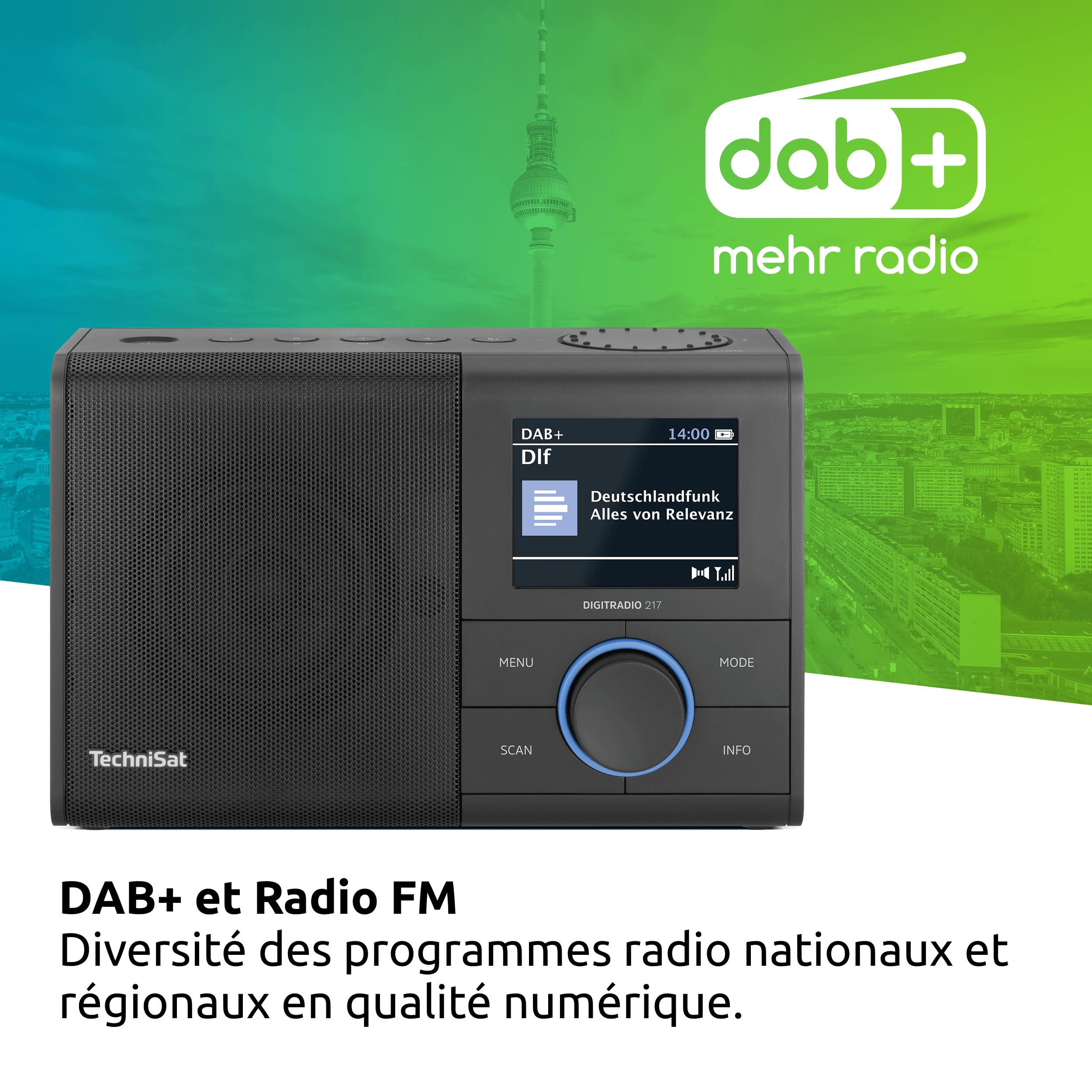 TechniSat DIGITRADIO 217 – Radio numérique Dab+ Compact et Portable (FM, écran Couleur, Bluetooth, présélections, Fonctionnement sur Secteur ou Piles, Double Alarme, favoris) Noir