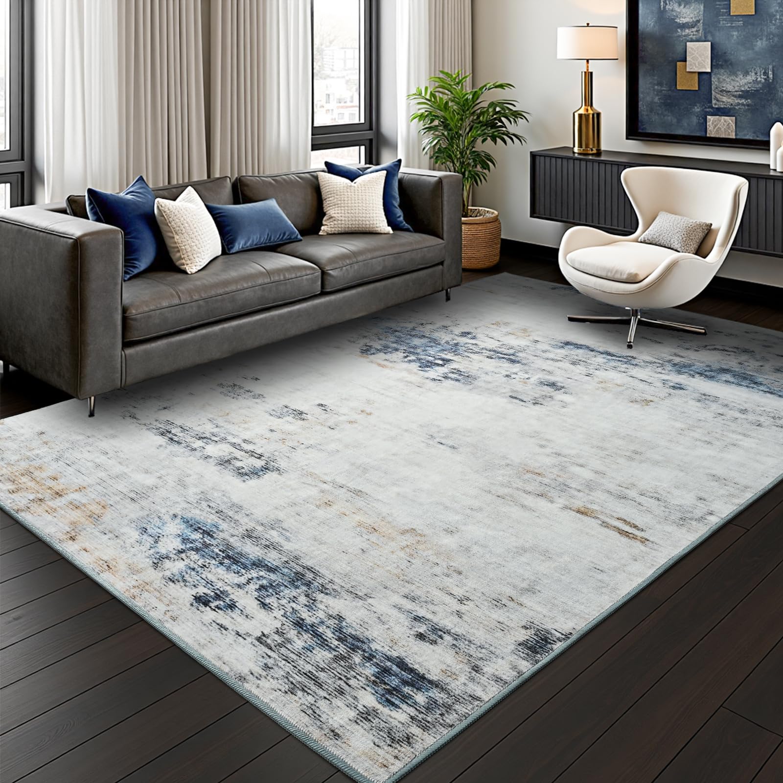 Toneed Abstract Area Rug 8x10 Modern Washable Rug Soft Non Slip Rug Low Pile for Bedroom Living Room Dining Room Blue/White