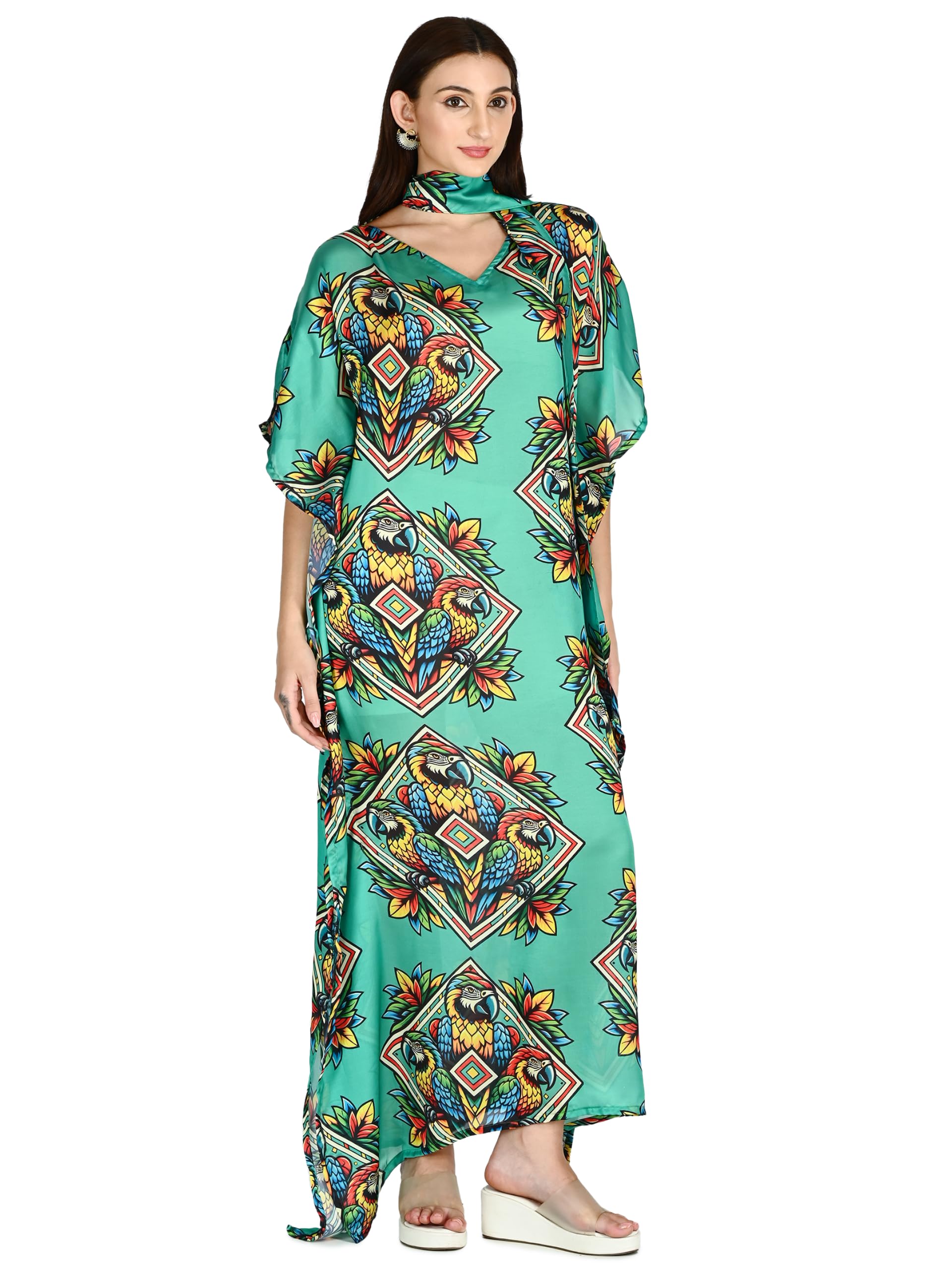 Gorgeous polysatin Full Length Kaftan, Comfort wear, Parrot Design-image-23