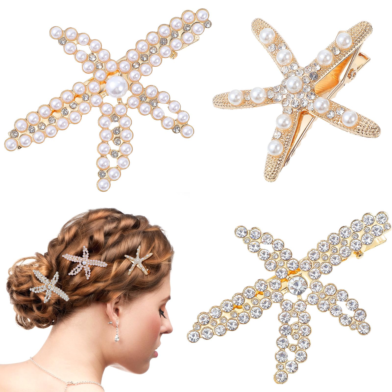 3 Seestern-Haarspangen Mit Strass – Rutschfeste Clips Für Hochzeit, Braut & Partys