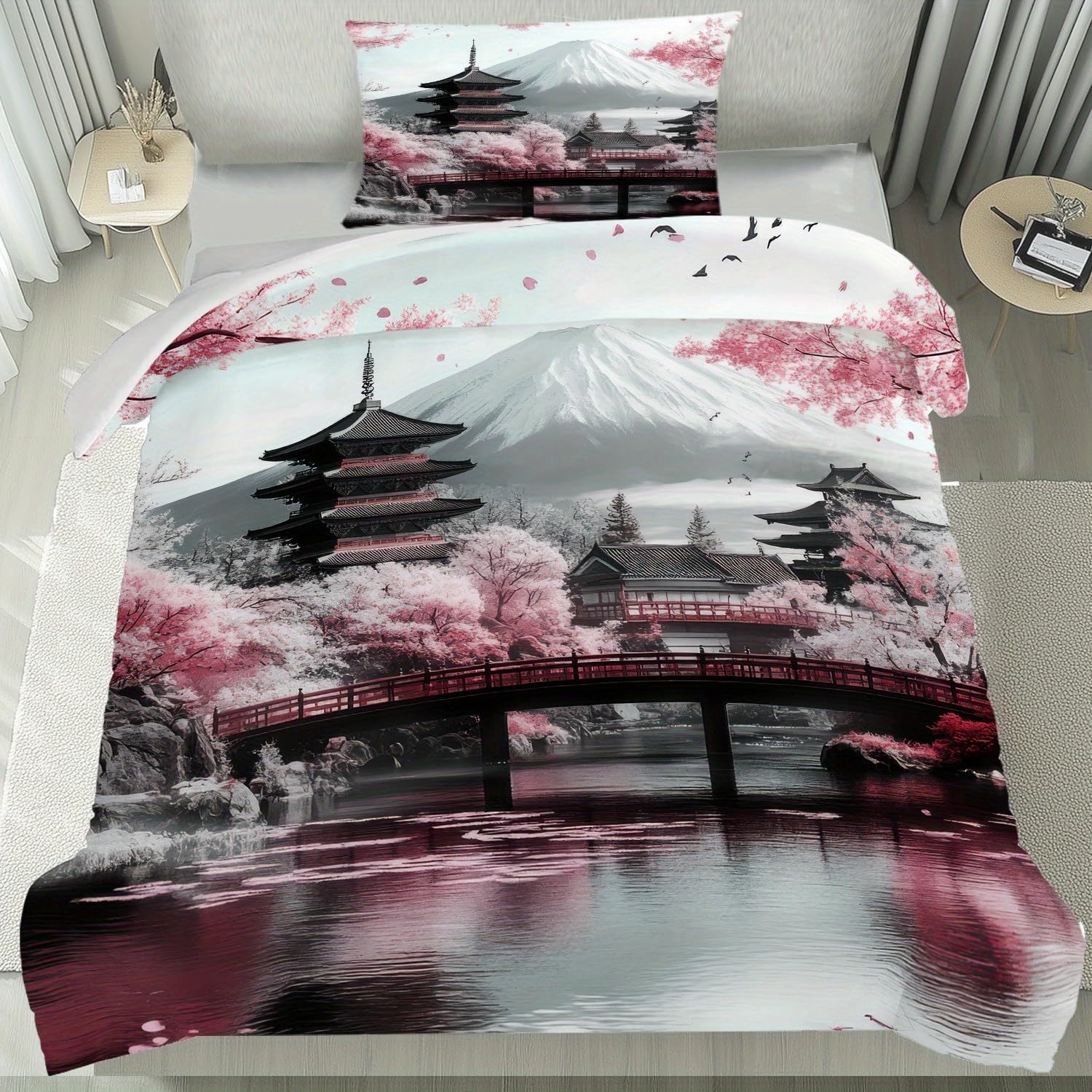 Housse de couette 155x200 cm fleurs de cerisier avec 2 taies d'oreiller