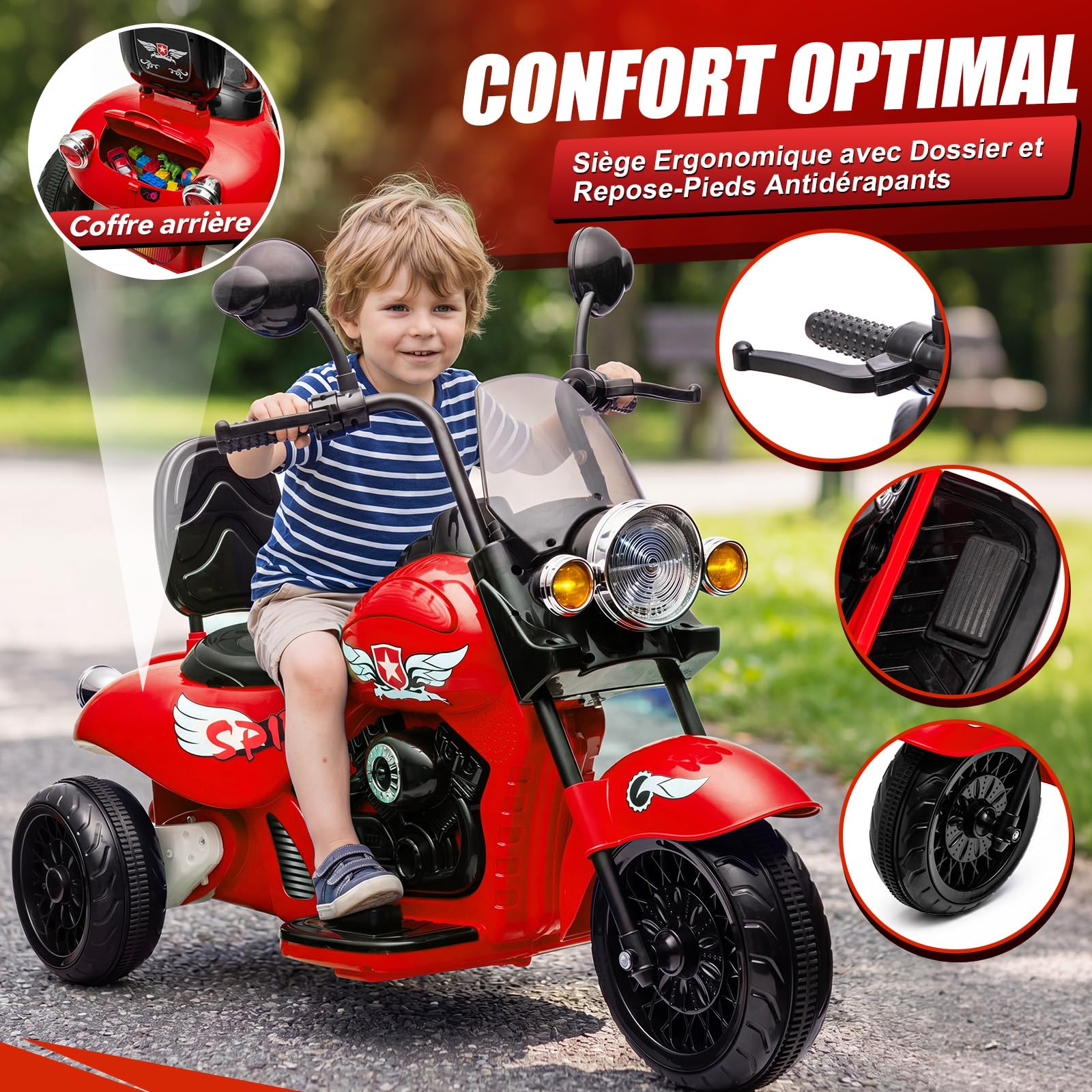 Garvee Moto Électrique Enfants 12V 3 Roues 2 Moteur Scooter pour 3 à 6 Ans