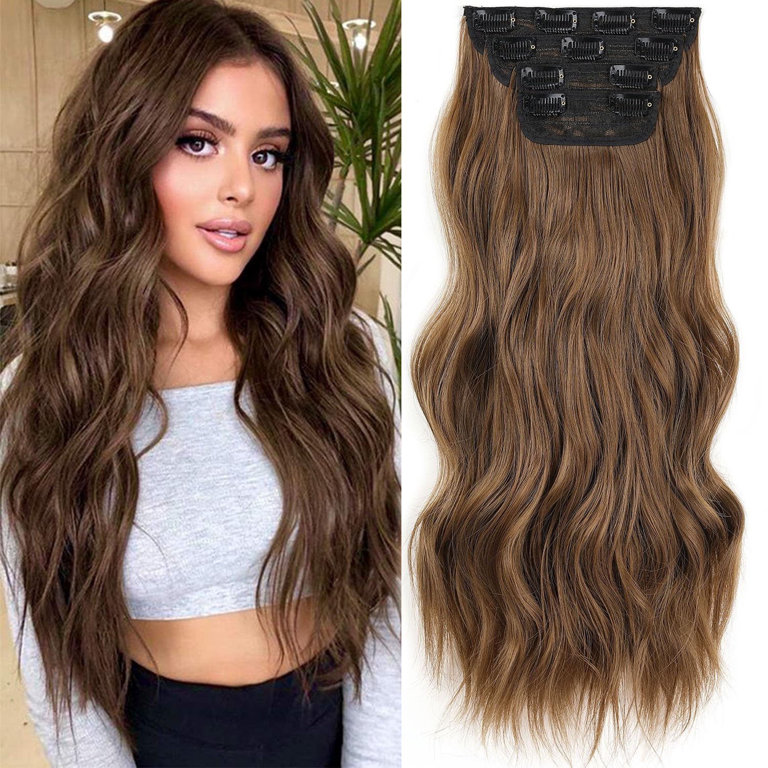 Mscat 20 Inch Long Wavy Clip-in Hair Extensions - Dark Brown Synthetic Hair Pieces, 4PCS Full Head Set, Thick Curly