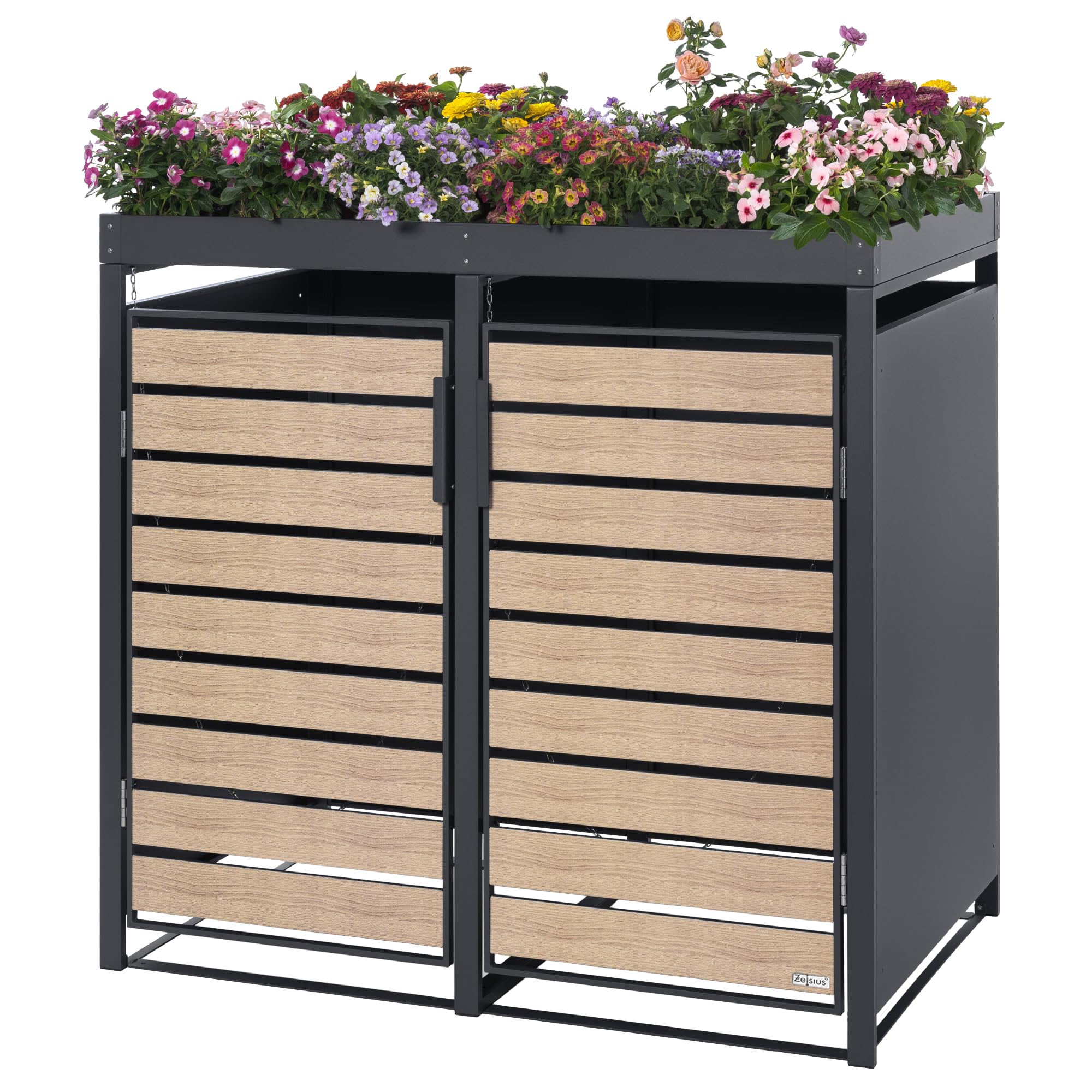 Zelsius Mülltonnenbox 4er mit Pflanzdach für 4 Tonnen | 120-240 Liter | Anthrazit RAL 7016 | Tür in Holzoptik inkl. Erweiterungsmöglichkeit | Müllbox, Aufbewahrungsbox für Mülltonnen