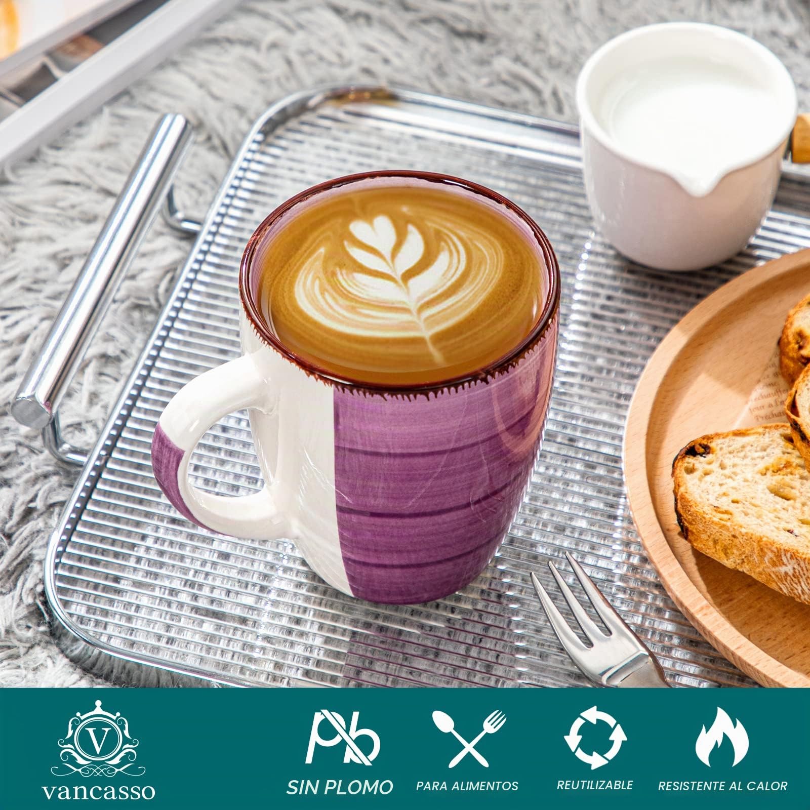 vancasso Serie Bonita Set 6 Tazas de Café, 360 ml Tazas Desayuno Mugs, Juego de Tazas de Leche, Tazas de Cerámica, Microondas y Lavavajillas, Pintados a Mano de Estilo, 6 Colores
