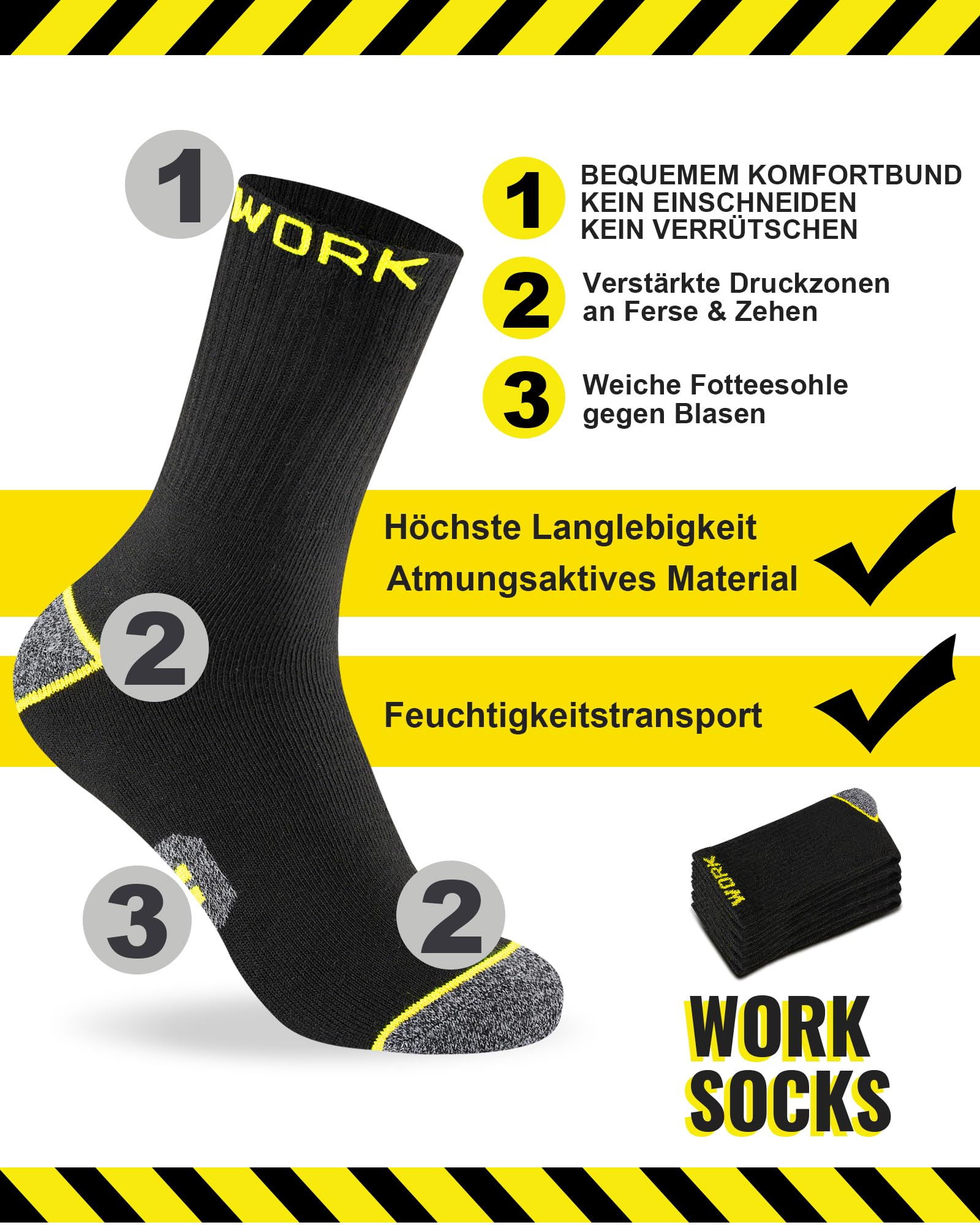 10 Pares Calcetines de Trabajo Hombre, Ideales para Botas, WORK Socks Acolchados y Reforzados, Calcetines Funcionales y Transpirables con puño Cómodo
