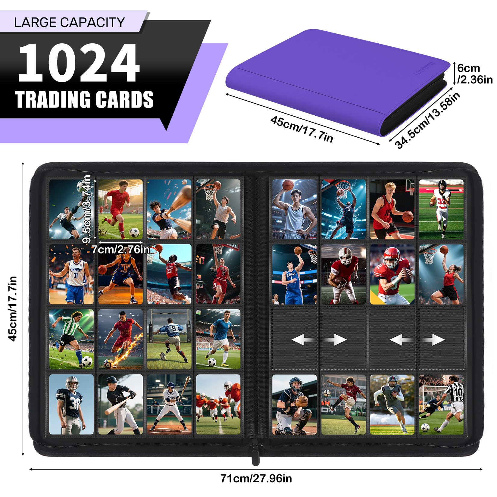WITHYU Album da Collezione per Carte 16 Tasche, Capacità 1024 Carte - Portacarte Impermeabile Caricamento Laterale con Zip per TCG, Calcio & Collezioni, Portatile (Viola)
