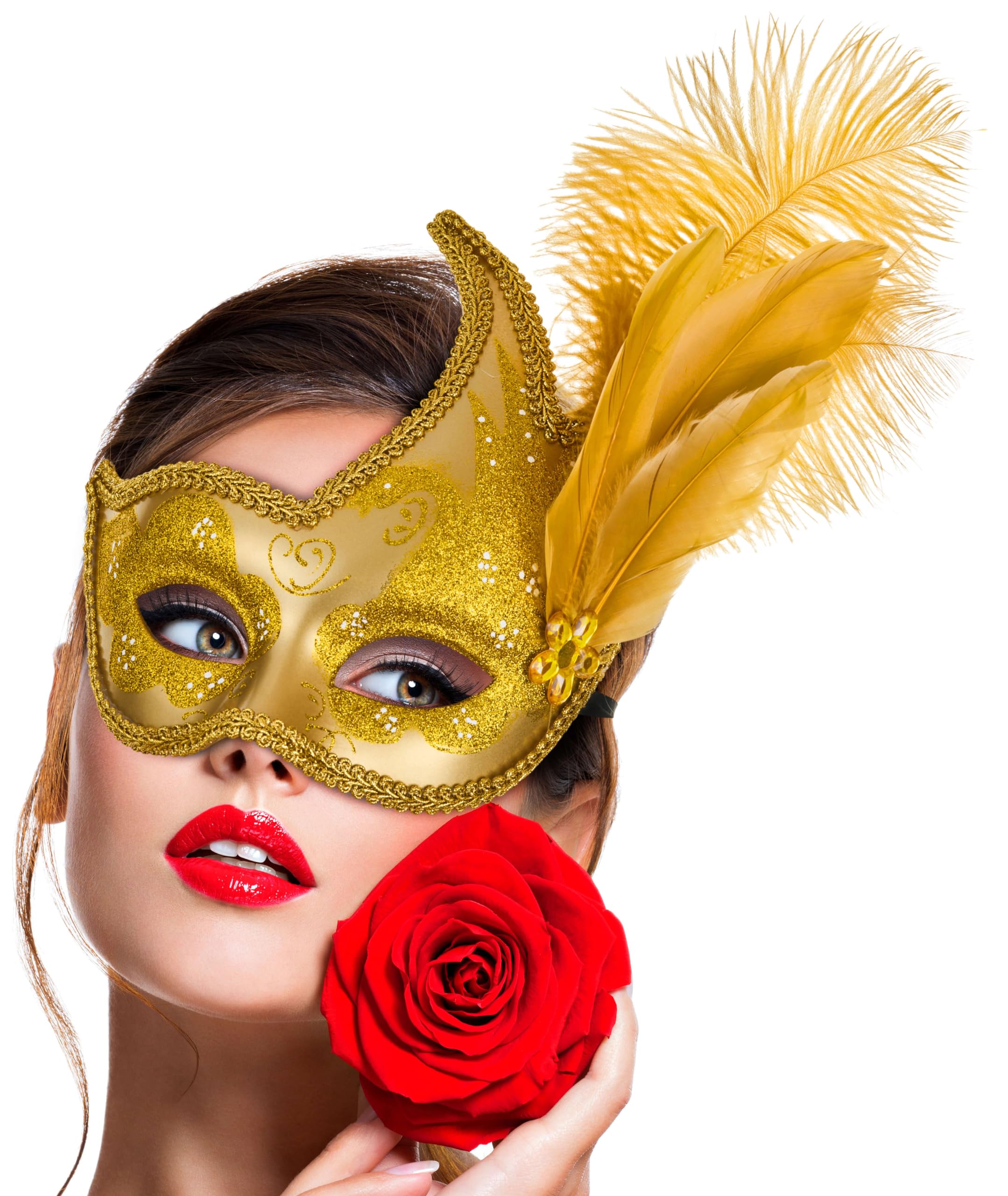 BalincoVenetian Mask, Gold with Feather, One Size Fits All, Costume Mask for Women, Girls, Halloween, Masquerade Ball, Carnival, Fancy Dress