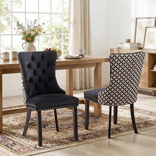 Miniatura 120 de Juego de 6 sillas de comedor de cuero, sillas laterales con respaldo alto, silla lateral tapizada moderna con anillo trasero de botón, patas de negro