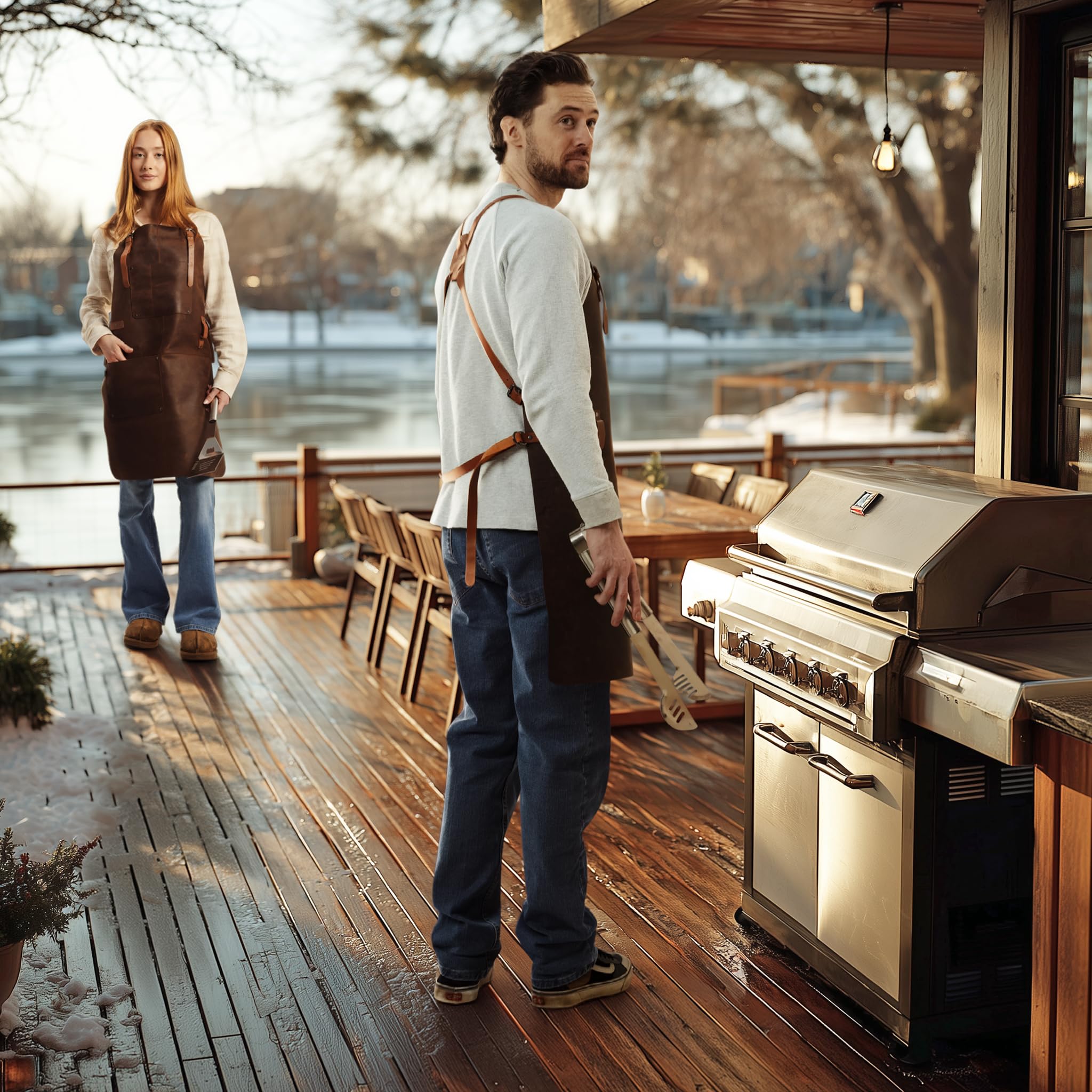 Theodore Grembiule in Pelle – Design Incrociato per Comfort Massimo, Perfetto per Barbecue, Cucina e Lavoro, con 2 Tasche Pratiche
