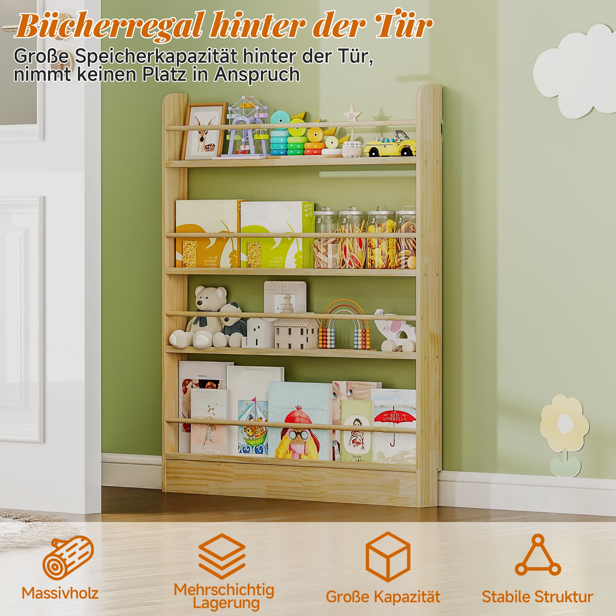 Hinter der Tür Bücherregal Holz, Kinderbücherregal Wandhalterung Bücherregal hinter der Tür für Spielzeug und Bücher Platzsparendes schmales für Schlafzimmer, Wohnzimmer, Büro