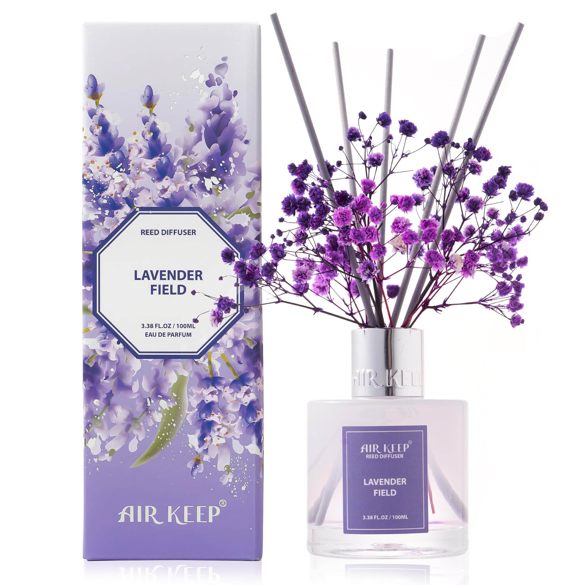 Airkeep Profumatore per Ambienti Lavender Field, Profumatore per Ambienti con 8 Bastoncini di Fragranza, Diffusore di Fragranze per Bagno, Appartamento, Decorazione della Casa, 100ml