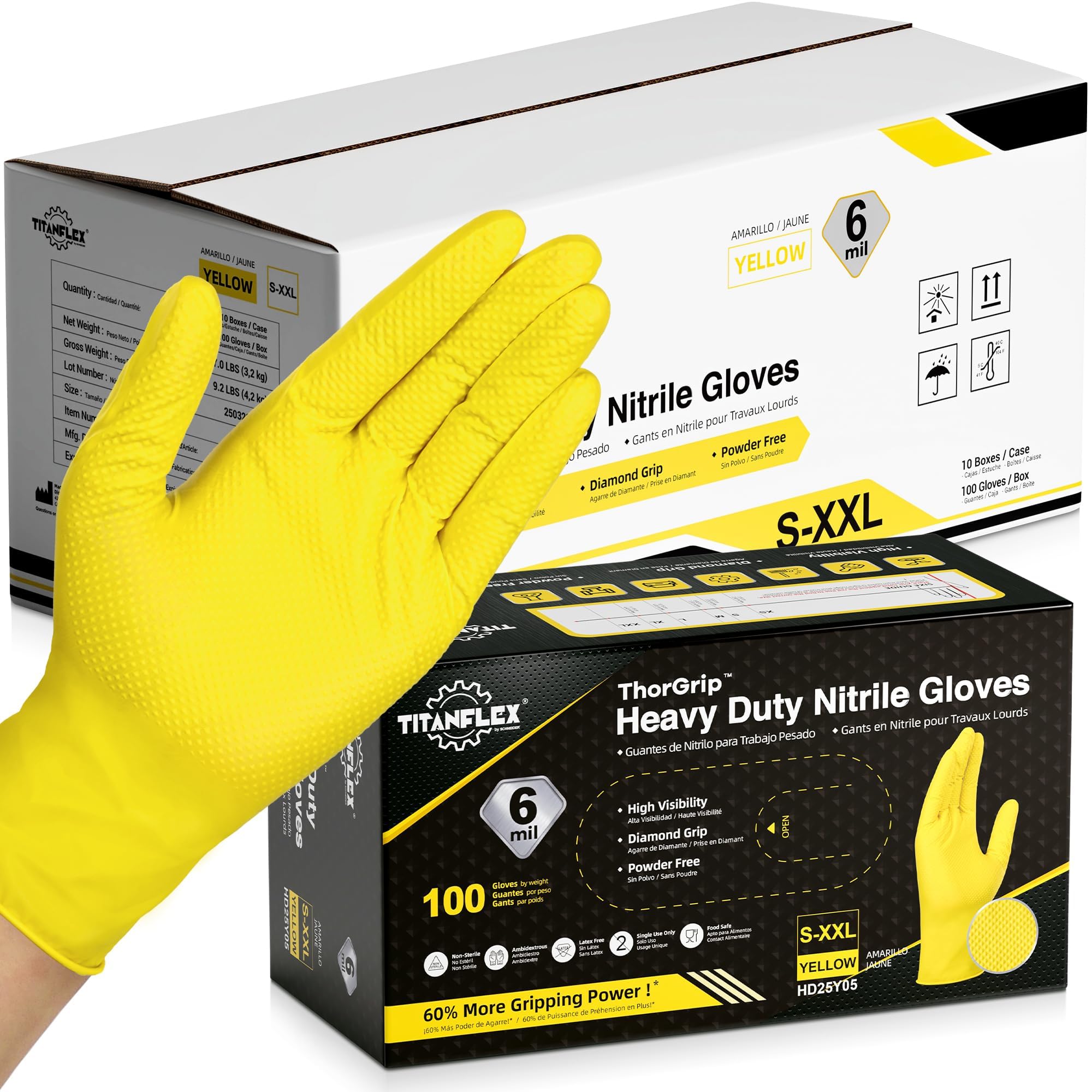TitanFlex Heavy Duty Industrial Nitrile Gloves with Raised Diamond Texture, 6-mil, Latex Free (Yellow)