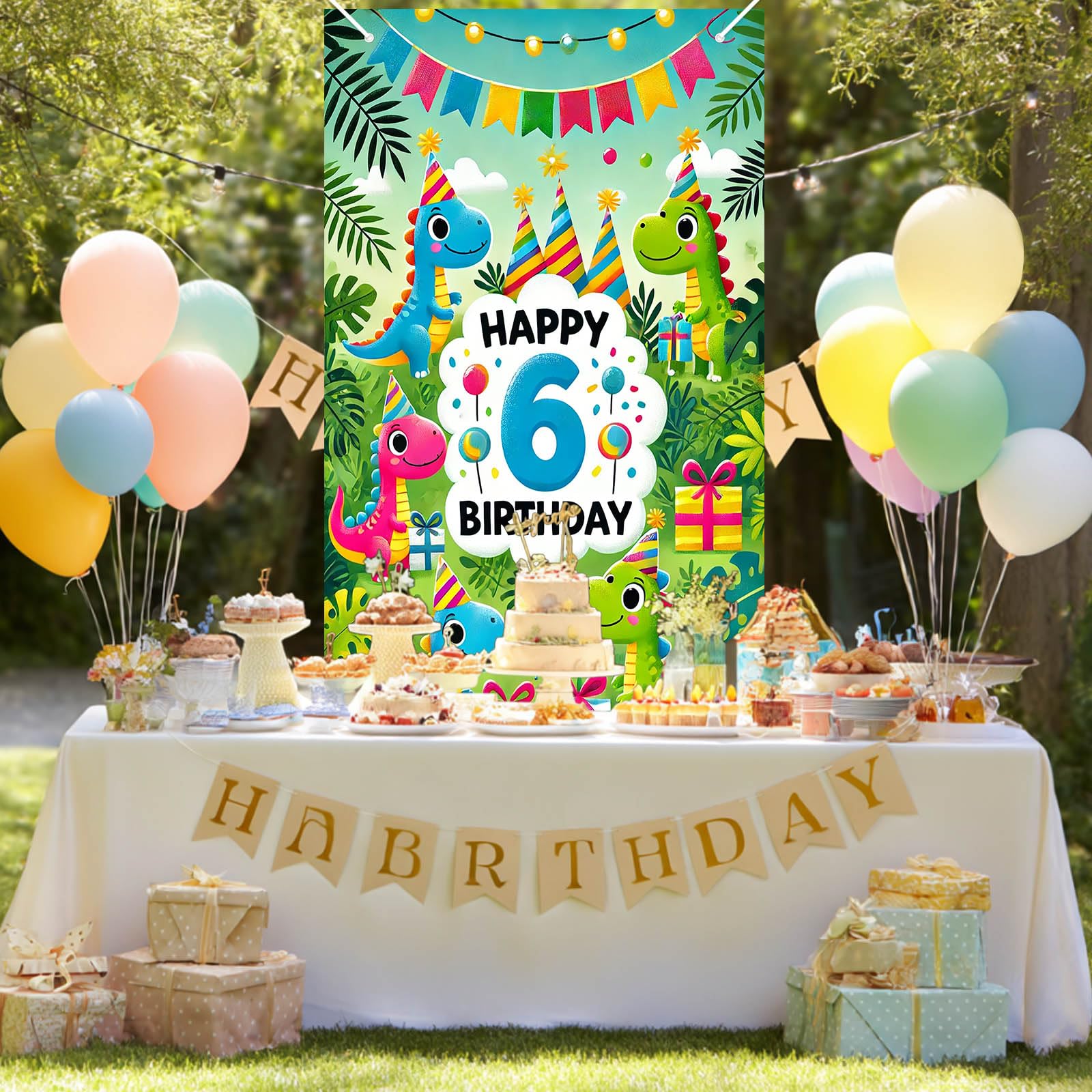 HOMETITUTE 6th Birthday Door Cover 71x35 Inch Dinosaur Theme Birthday Banner for Kids Party Decorations Jungle Backdrop Sign for Boys Girls Wall Porch Party Supplies