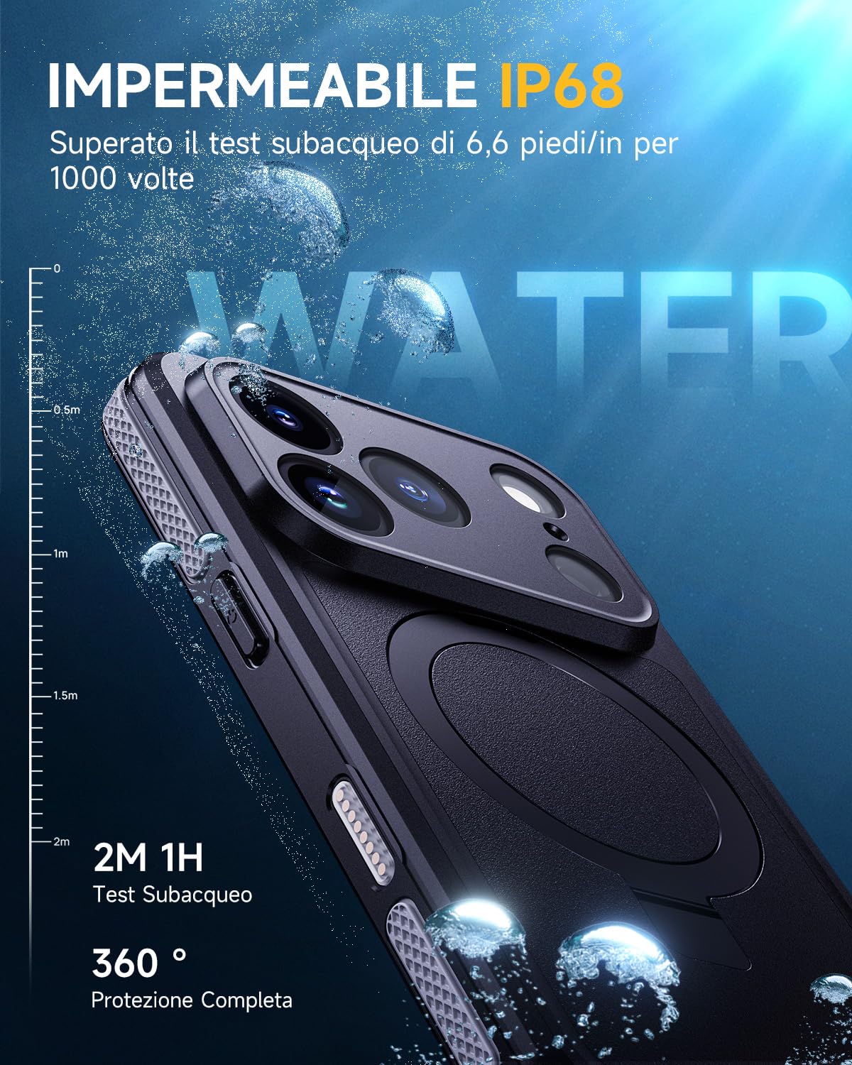 Lanhiem Cover Per iPhone 17 Pro Impermeabile con Cavalletto[IP68 Waterproof] Resistente Alle Cadute e ai Graffi Custodia Antipolvere Subacquea,per iPhone 17 Pro Protezione Militare a 360 Gradi,Nero