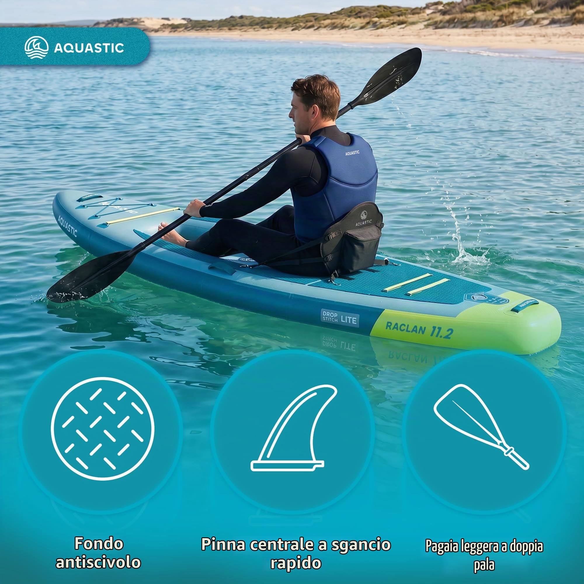 AQUASTIC Raglan 11'2 Kayak SUP ibrida gonfiabile – Tavola SUP con sedile per kayak, pagaia, pompa, 2 pinne e zaino