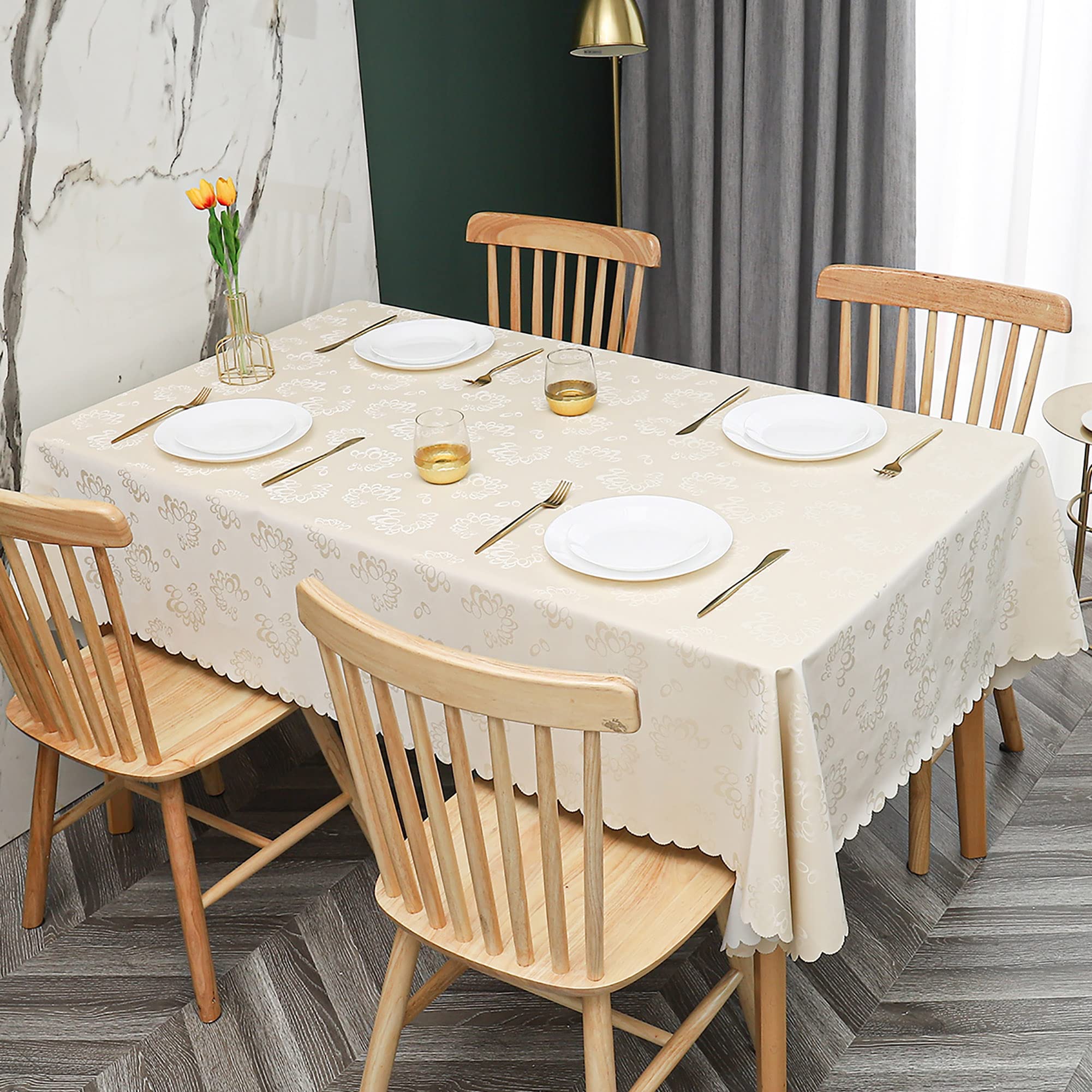 Pengcen Beige Rectangle Tablecloths,Oil Proof And Waterproof Pu Fabric Tablecloth For Dining,Party And Dinner Table Decor,140 X 220 Cm, Scalloped Edge, Background, Geometry