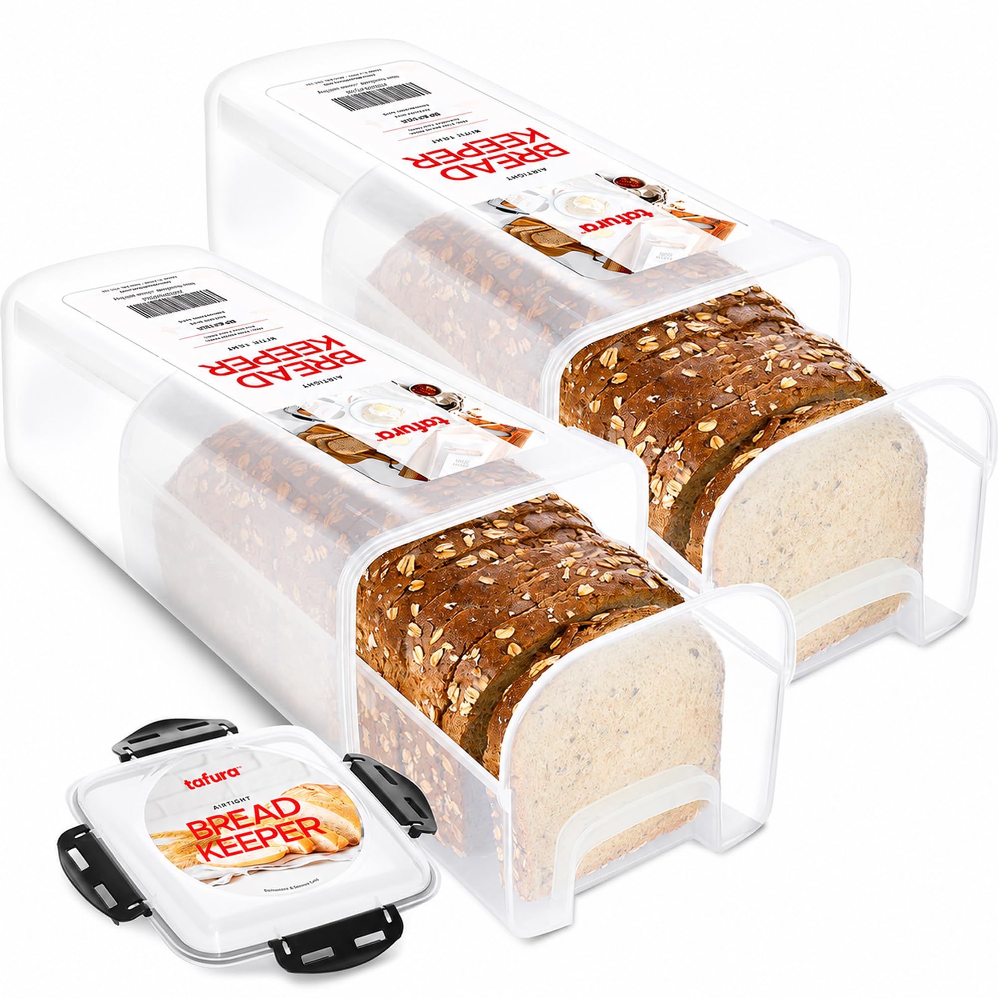 Tafura Brotaufbewahrungsbehälter – 2 Stück BPA-freie Kunststoff-Brotbox mit genialer Ablage – luftdichter Behälter/Halter für hausgemachte Brote und Backwaren