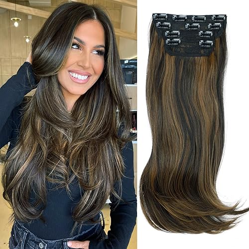 Miniatura 1 de FREEMEIGE Extensiones de cabello castaño con reflejos, ondulado, lacio, con clip, 4 piezas, extensiones sintéticas con clip para mujer, uso diario,