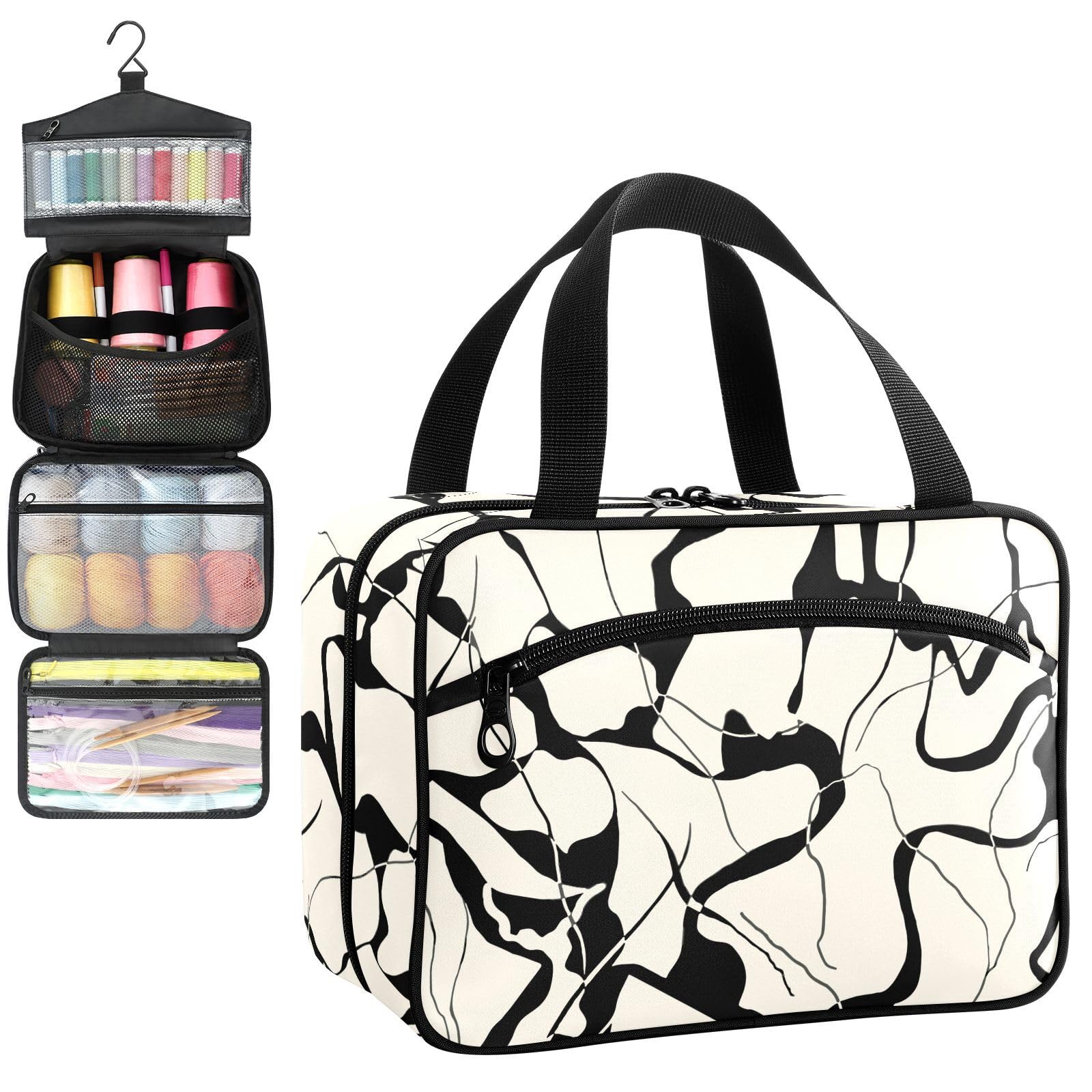 YNNALE Sewing Supply Organizer Bag, Beige Black Abstract Pattern Modern Minimalist Portable Sewing Bags with Pockets&Hanger, Sewing Storage Box Case for Sew Supplies/Kit/Tools/Accessories (BAG ONLY)