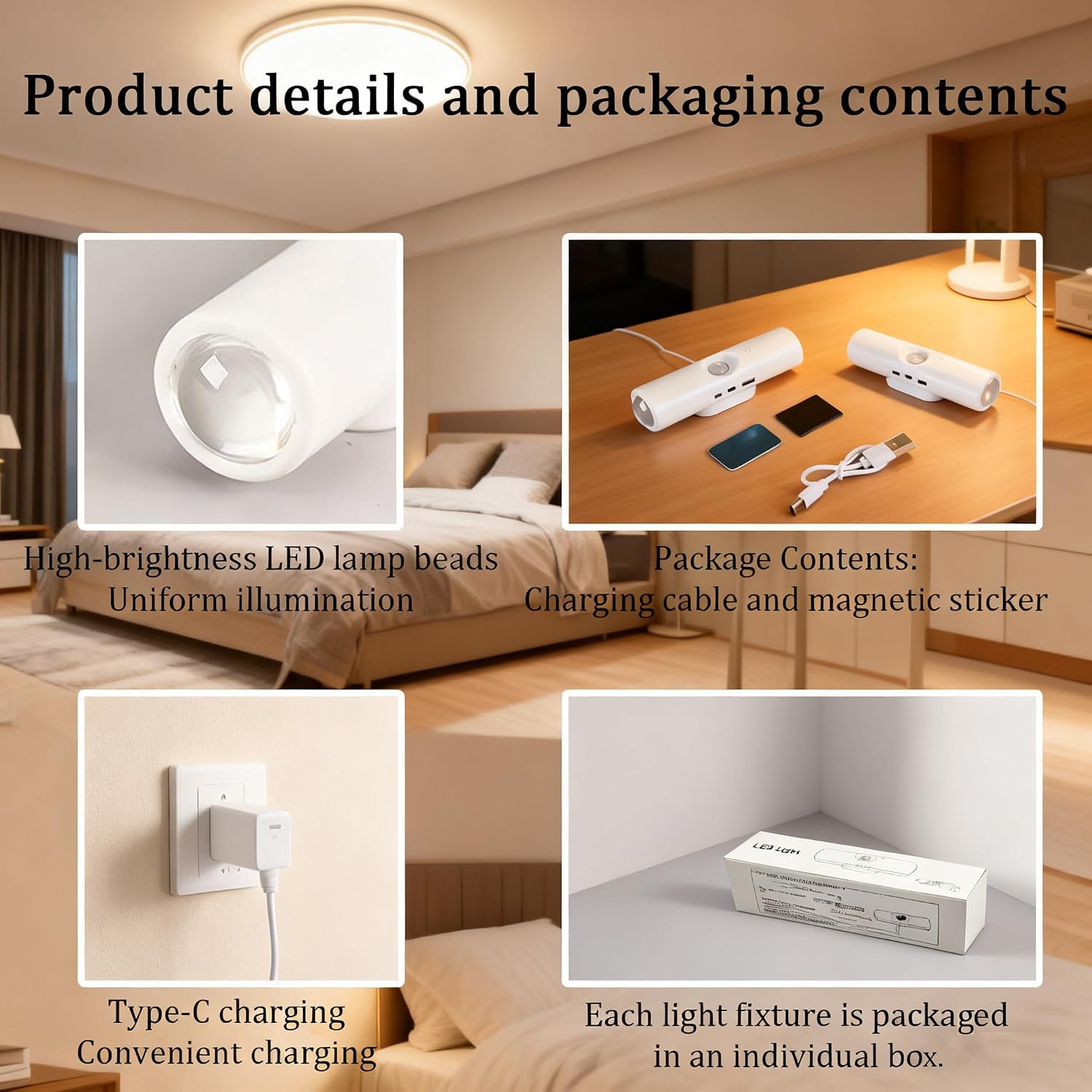 Rechargeable Smart LED Motion Sensor Ambient Light，Punch-Free Color Changing Motion Sensor Light ，7-Color Gradient RGB Lighting Effect，Auto-On/Off ，for Stairs, Hallway，Cabinet，Wardrobe (Wood,6 pcs)
