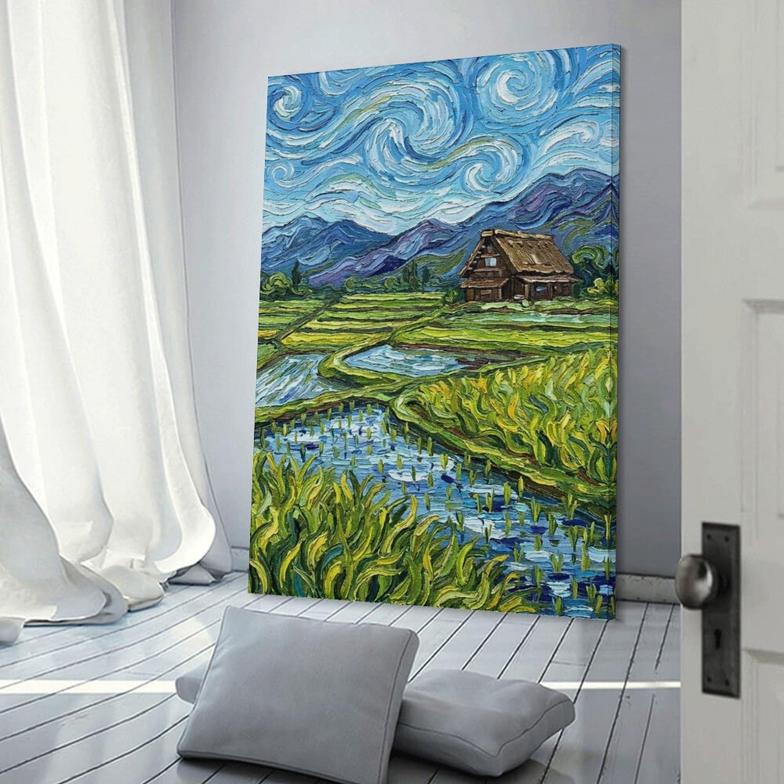 Junmoney Canvas Wall Picture Van Gogh Style Japanese Rice Paddies, 24x36inch(60x90cm), for Study, Office Or Focused Interiors, Wall Art That Adds Style to Work Areas