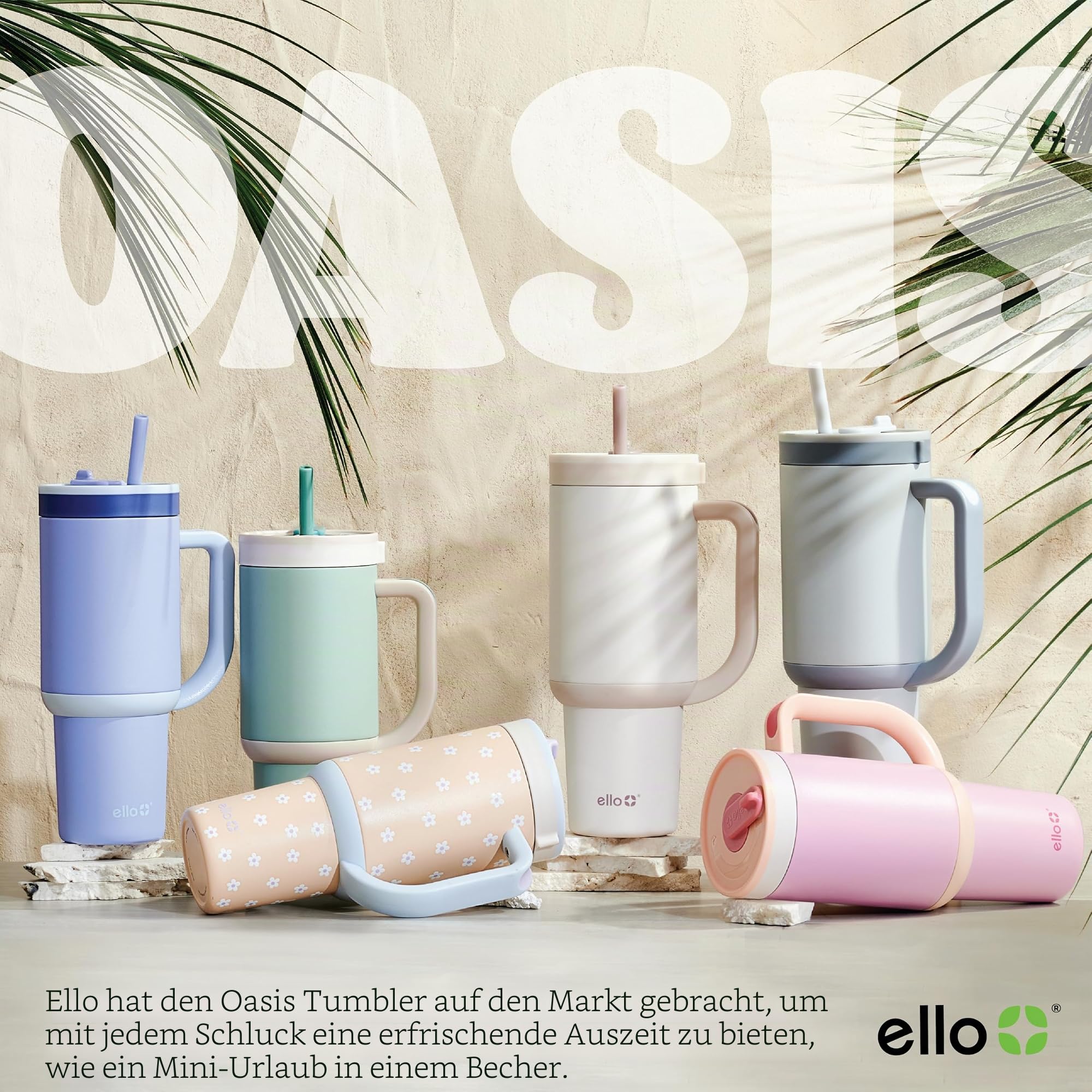 Ello Oasis 887 ml Trinkbecher mit Griff und einziehbarem Strohhalm | Wiederverwendbarer isolierter Edelstahlbecher 100% auslaufsicher, Geschenke für Teenager Frauen Männer | Hält 24 Stunden kalt
