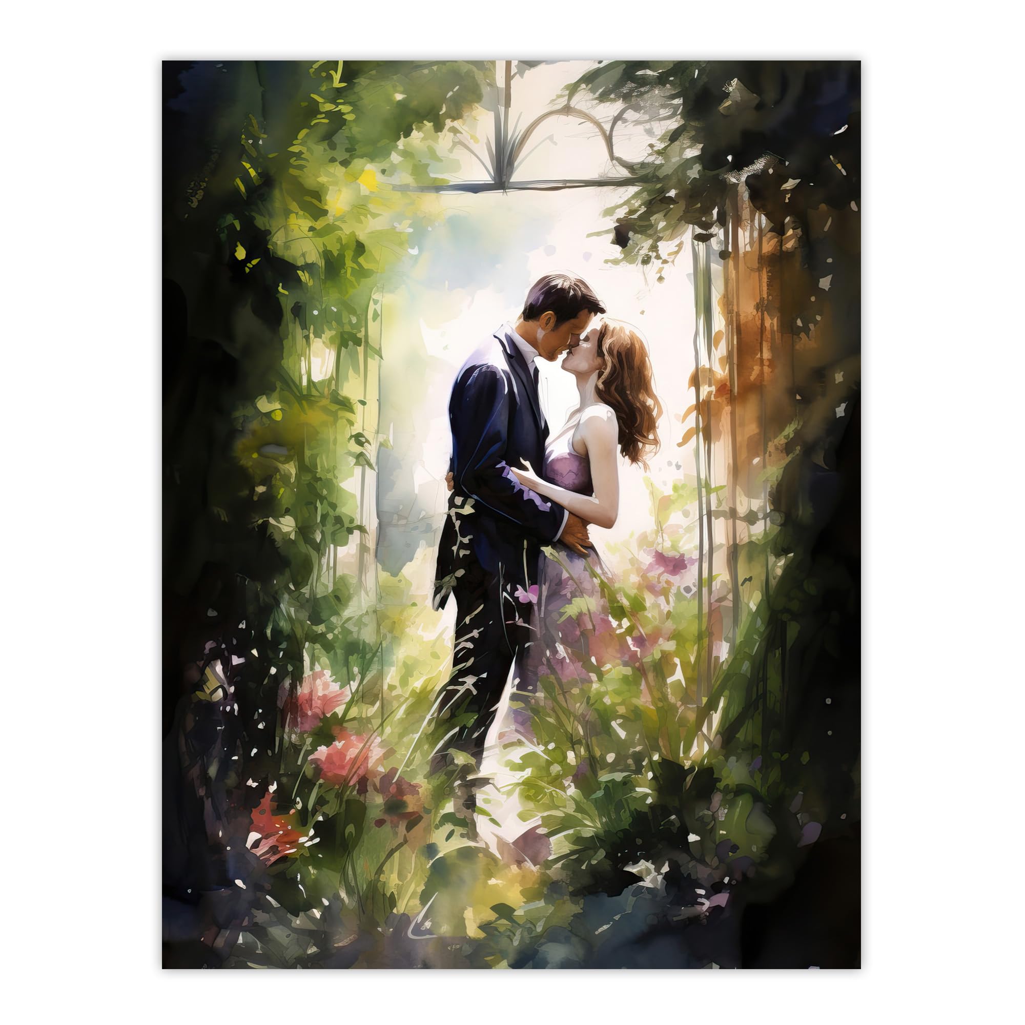 Artery8 Stolen Kiss Watercolour Painting Secret Garden Lovers Kissing Among Flowers Bedroom Art Extra Large XL Wall Art Poster Print