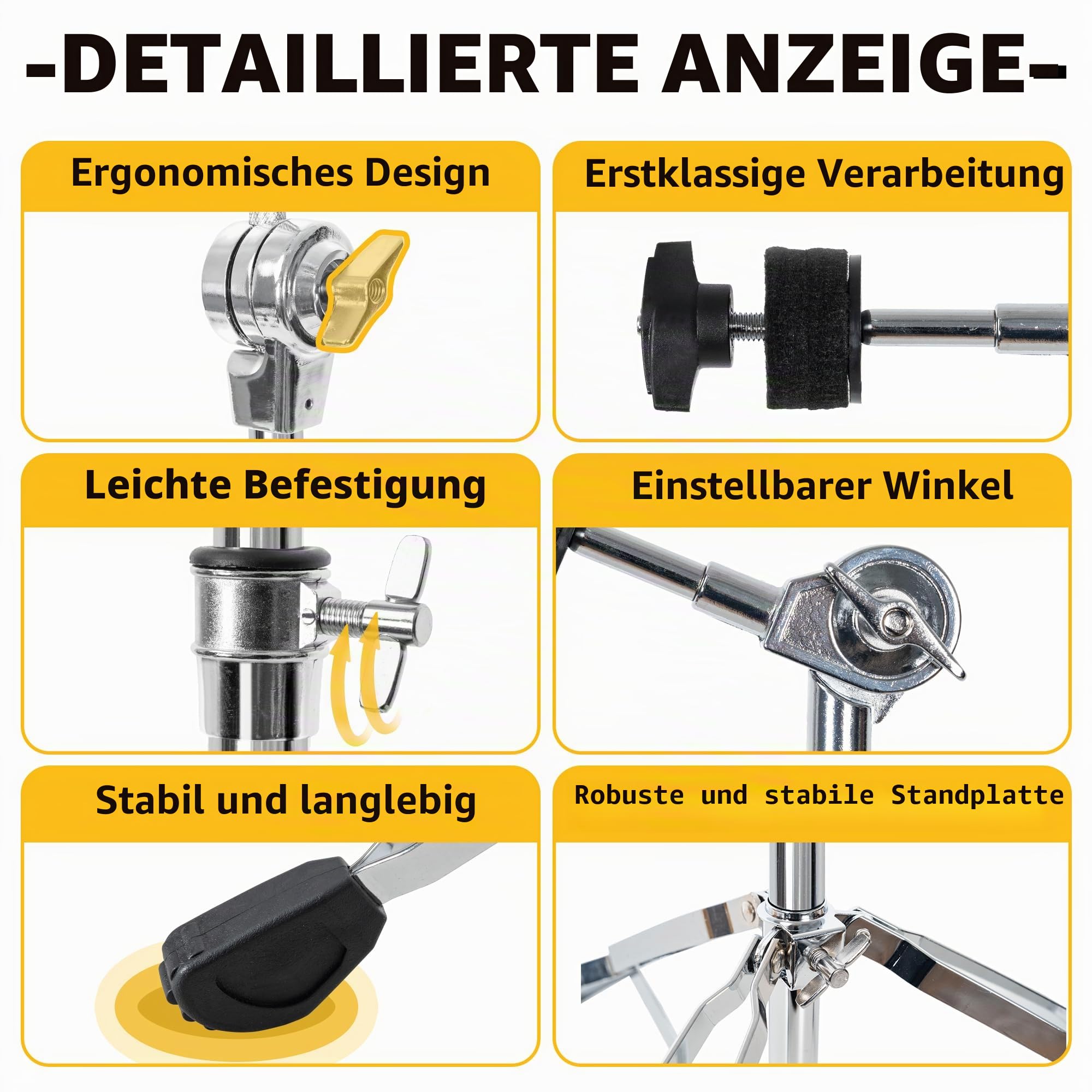 AKOZLIN Beckenständer mit Galgen, 84-115 cm Höhenverstellbar | Doppelt Verstrebtes Stativ, Chrom, Boom Cymbal Ständer
