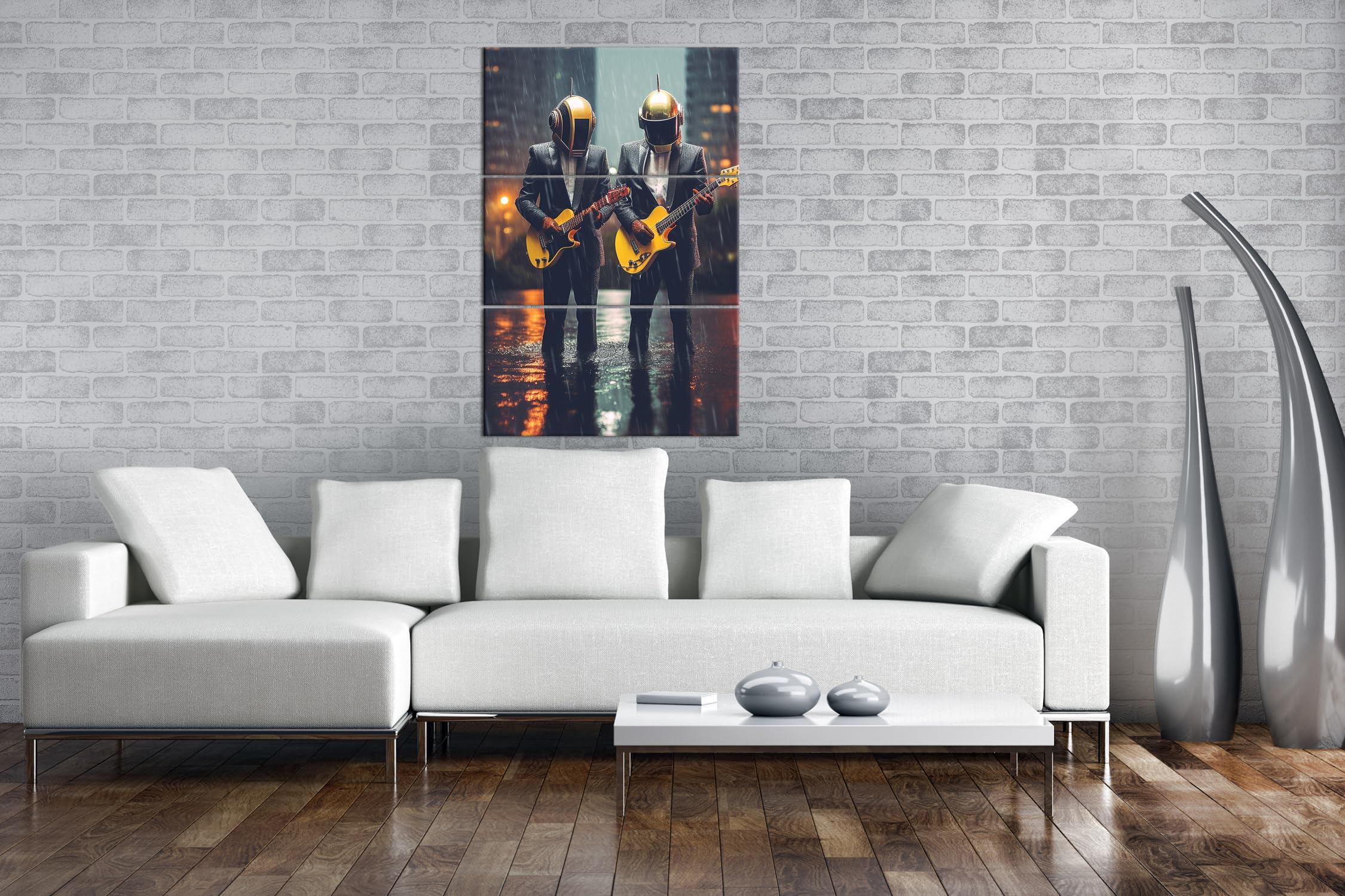 deyoli Musicisti futuristici: eleganza ed elettronica sotto la pioggia. Dimensioni: 120 x 80 cm (3 pezzi) Stampa artistica XXL su cornice in legno/pittura su tela/pittura da parete/decorazione del