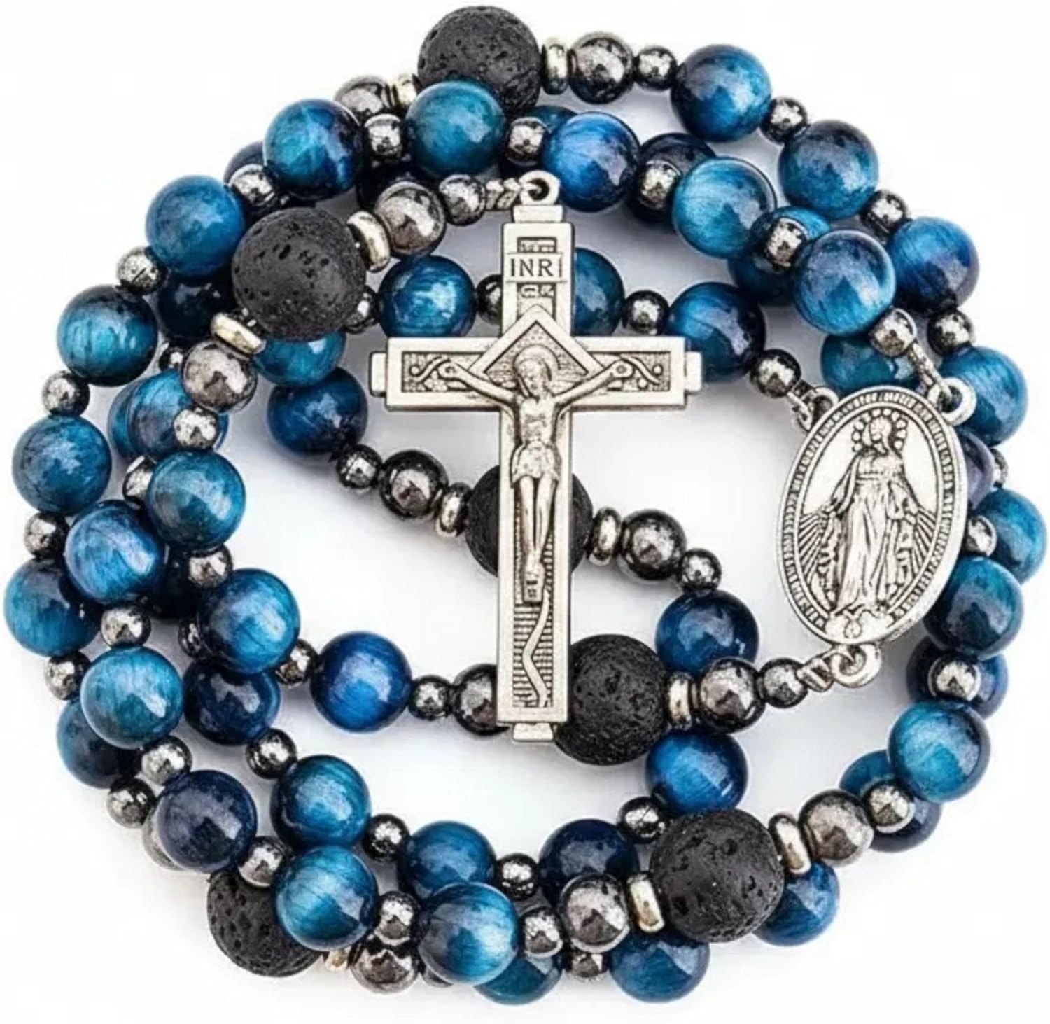 Nazareth Store Blue Tigers Eye Catholic Rosary Necklace for Men with Saint Medal & Our Father Cross Strong Men Catholic Gifts