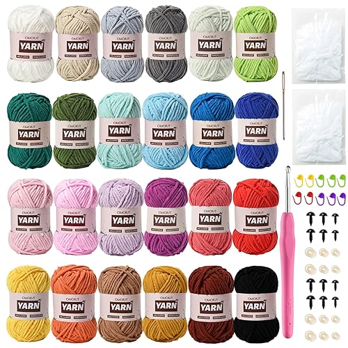 24 Pack Chenille Velvet Yarn - Baby Yarn for Crocheting Soft - Amigurumi Yarns Set with 1200g(1574yd) Crochet Yarns Crochet Hook、Stitch Markers、Fluffy Stuffing、Accessories - 24A