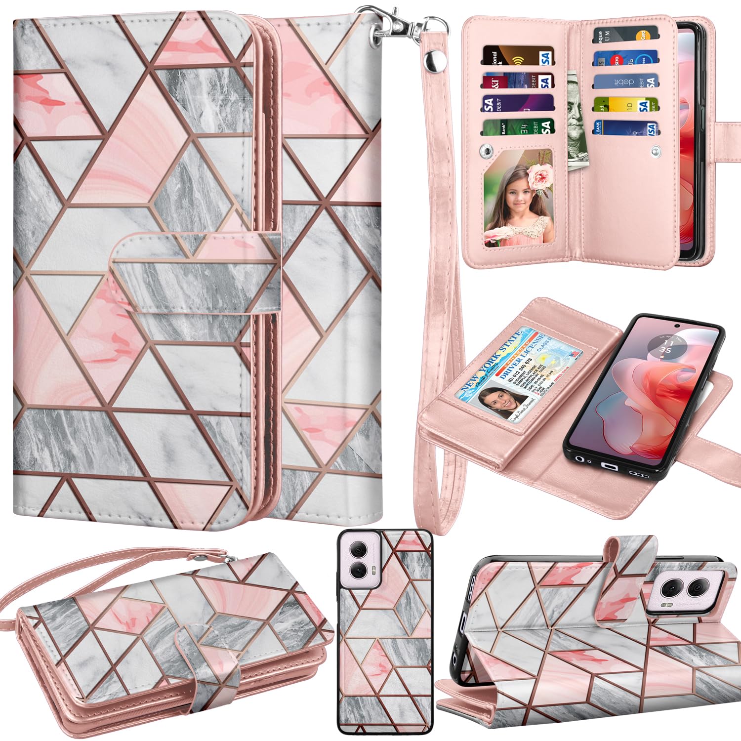 Takfox Wallet Case for Motorola Moto G Stylus 2024 5G, for Moto G Stylus 2024 Case, PU Leather Credit Card Holder Slots Case Folio Flip Detachable Magnetic Cover Kickstand & Carrying Strap, Marble