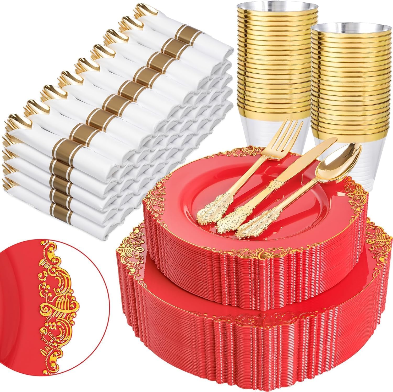 Gold Disposable Plates - 50 Guest Dinnerware Set -16 Gold Disposable Plates - 50 Guest Dinnerware Set -16