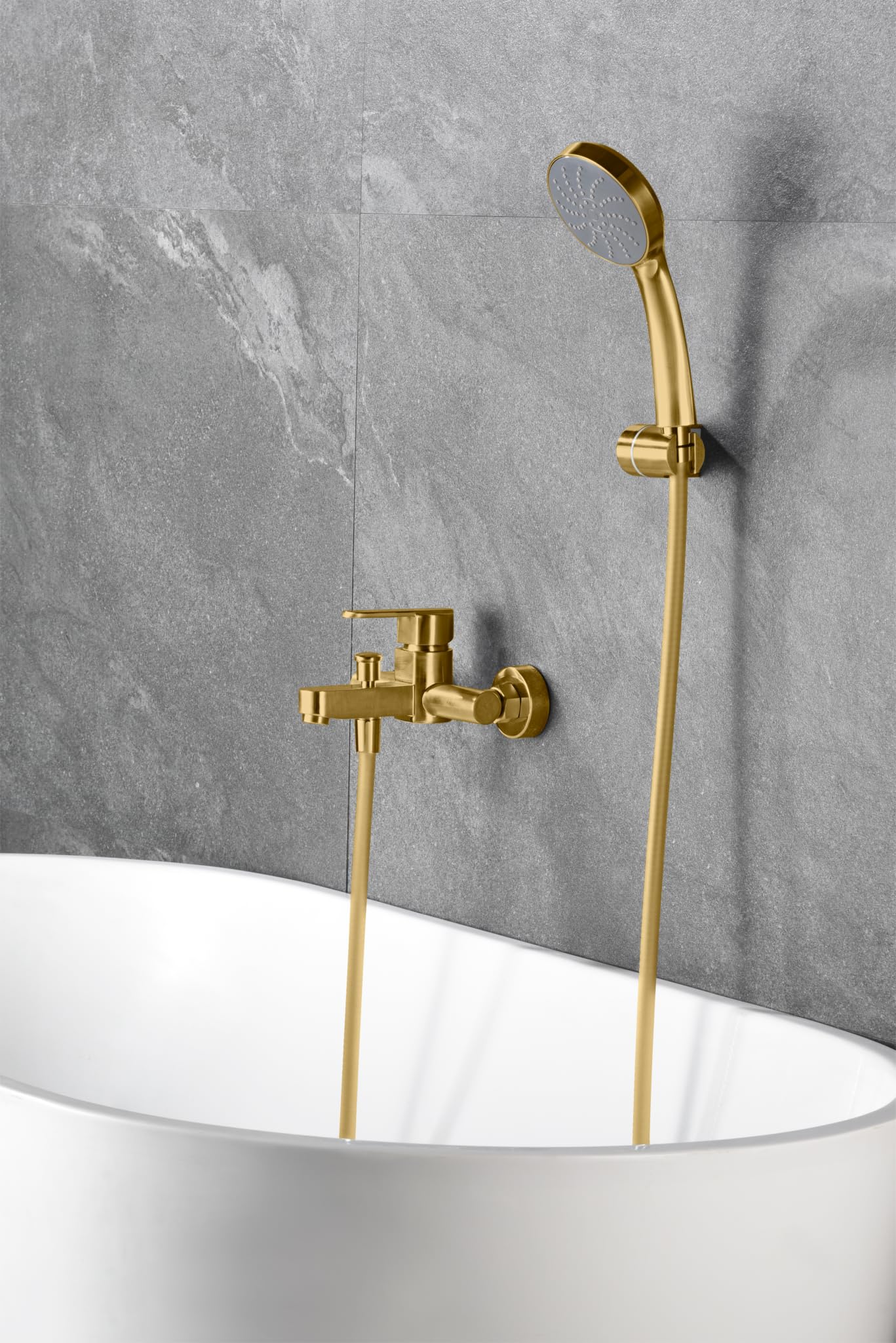 IMEX Monomando para Baño/Ducha SERIE ROMA – Grifería de Latón con, Kit Grifo Bañera Moderno Completo,Cartucho Cerámico Ø35 mm, Flexo PVC 1.80 m. (Oro Cepillado)