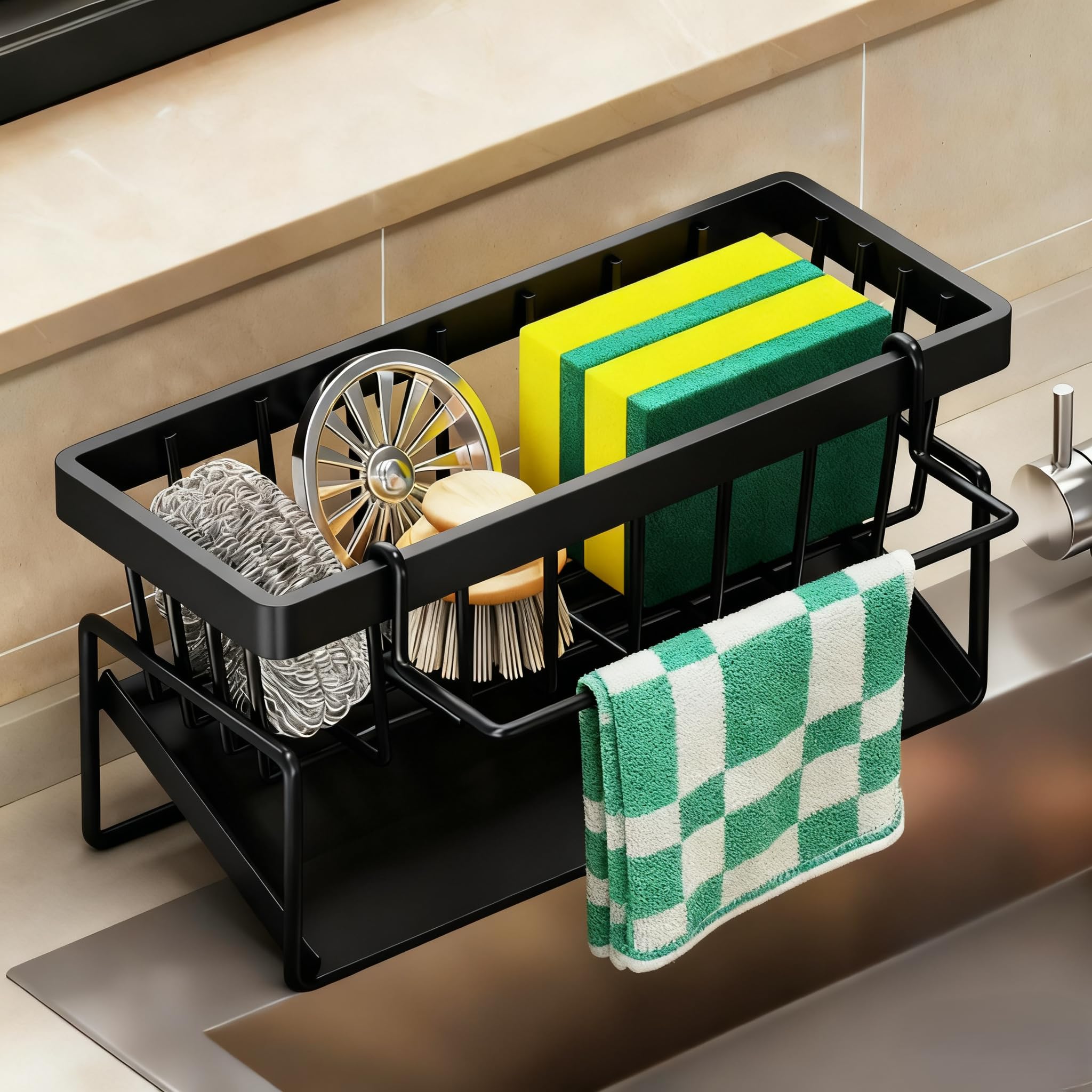 Gldfyyds Black Sink Organiser, Stainless Steel Kitchen Organiser With Self-Draining Tray & Detachable Towel Holder, Space-Saving Sink Caddy Kitchen Organizer For Sponges, Brushes, And Dish Soap,