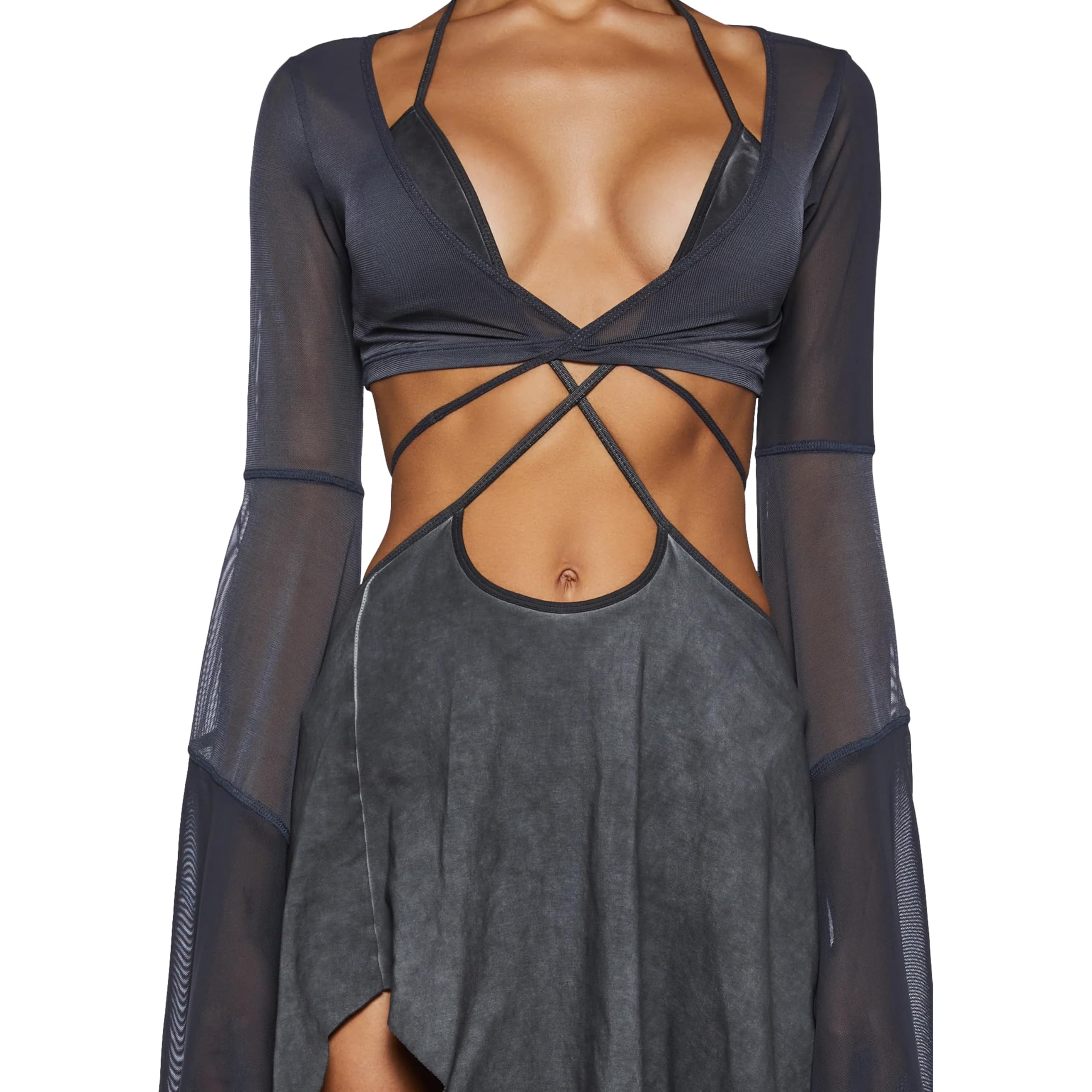 Dolls Kill Echo Asymmetrical Mesh Wrap Dress by Darker WAVS – Semi-Sheer Chiffon and Jersey Dress with Bell Sleeves