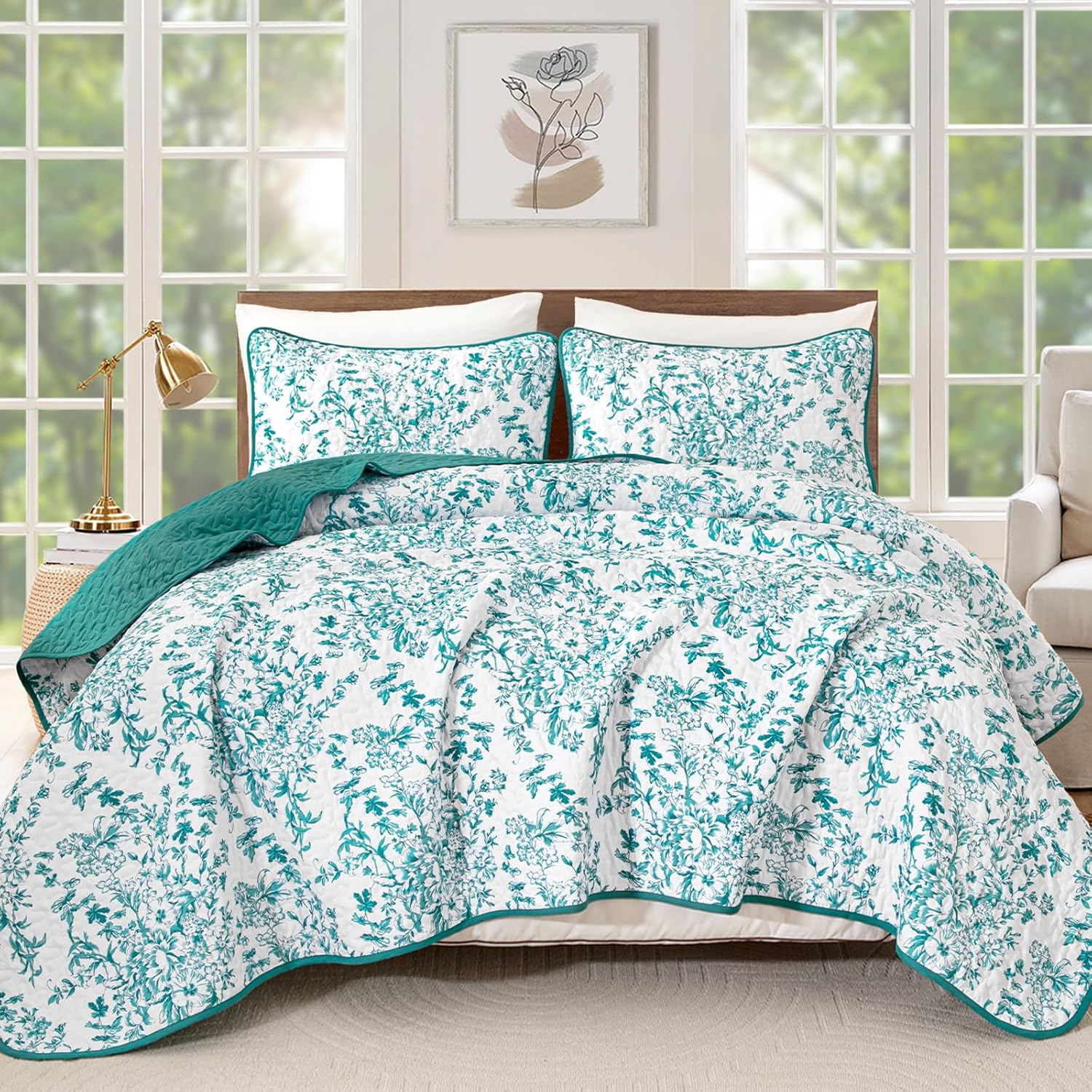 WONGS BEDDING Quilt Queen Size, Teal Quilt Bedding Set with 2 Pillowcases, Botanical Quilt for Queen Bed, Soft Microfiber Lightweight Coverlet Bedspread for All Season (96"×90", 3 Pieces) - Image 9