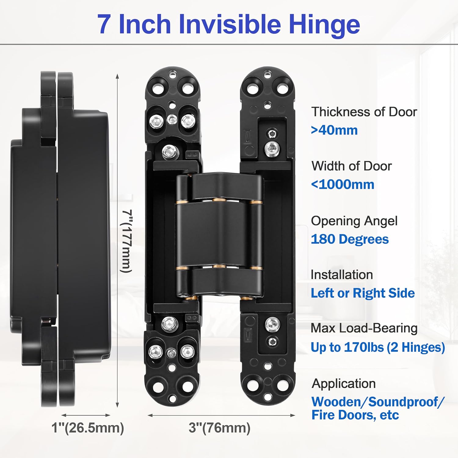 2Kits 7 inch Stainless Steel Hidden Door Hinges -Invisible Hinges for Doors, 180 Degree Swing Concealed Door Hinges, 3 Way Adjustable for Heavy Duty (‎Black)