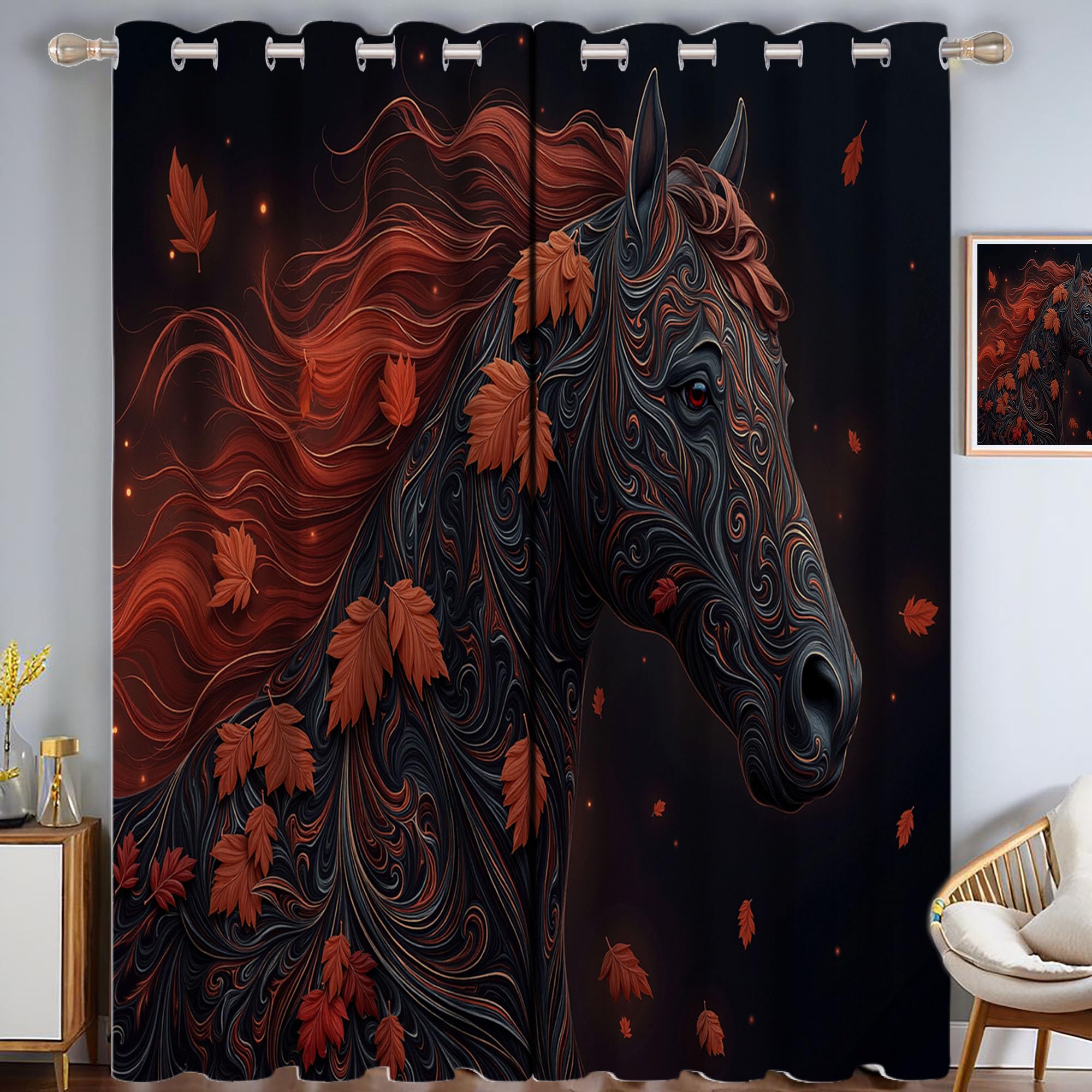 Draperies intérieur haut de gamme motif cheval noir et feuille d'érable
